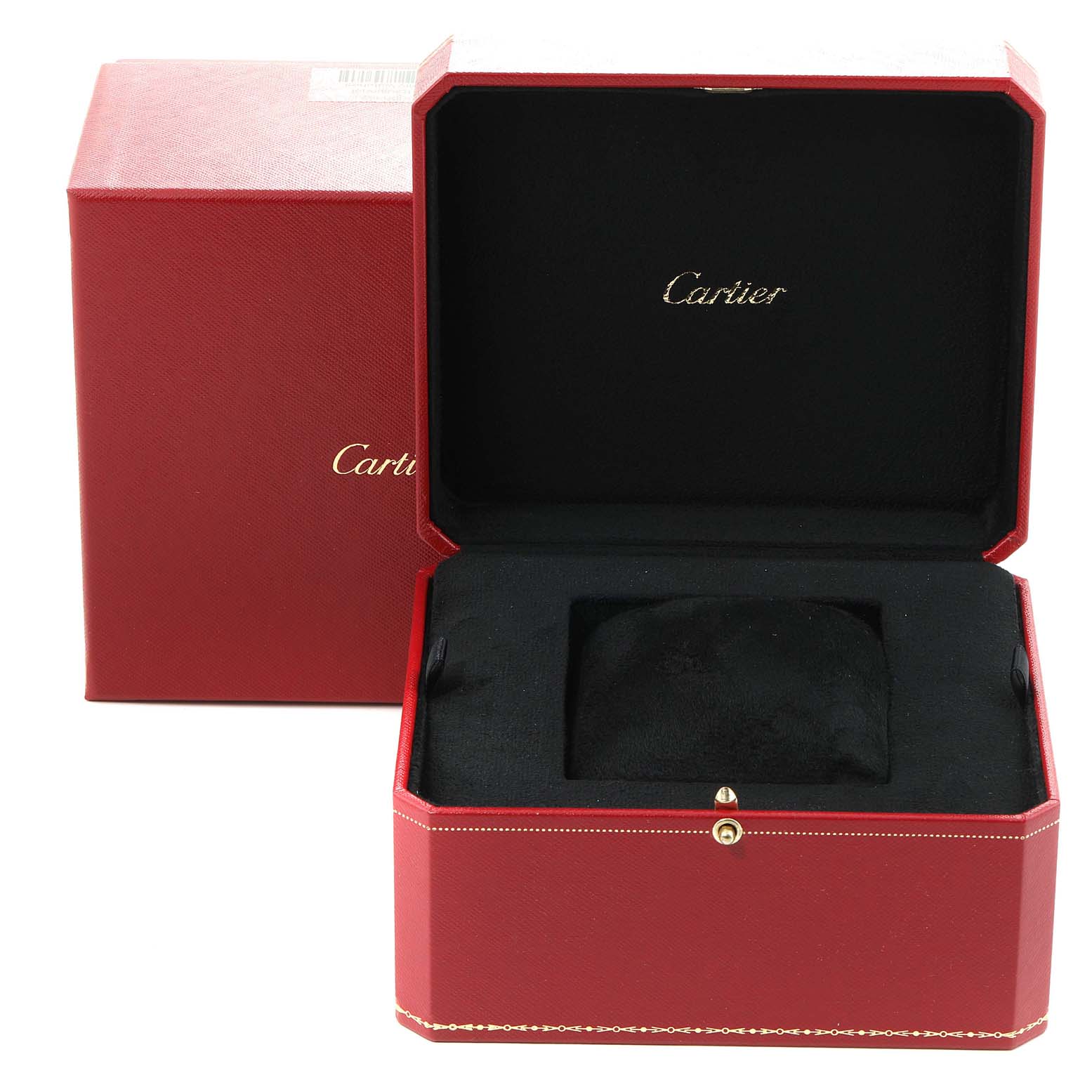 The image shows the open and closed packaging box for a Cartier Tank MC W5330003 Men's Stainless Steel Silver Dial W5330003 Men's Stainless Steel Silver Dial model watch, revealing the plush interior.