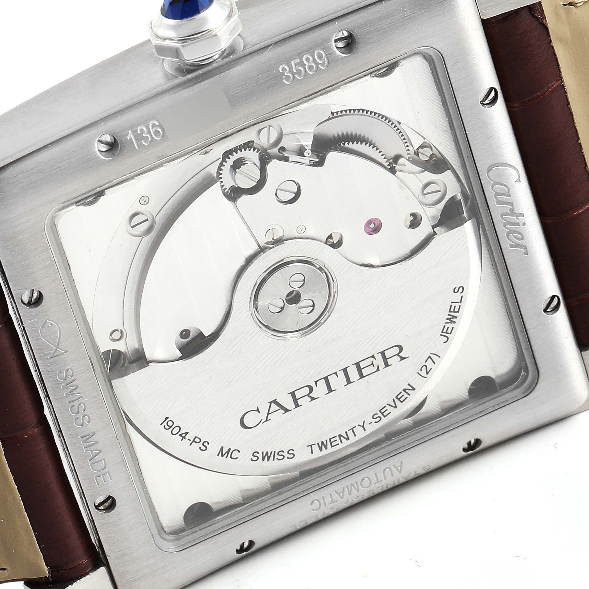 This image shows the back view of a Cartier Tank MC W5330003 Men's Stainless Steel Silver Dial W5330003 Men's Stainless Steel Silver Dial watch, focusing on the exposed movement and its intricate parts.