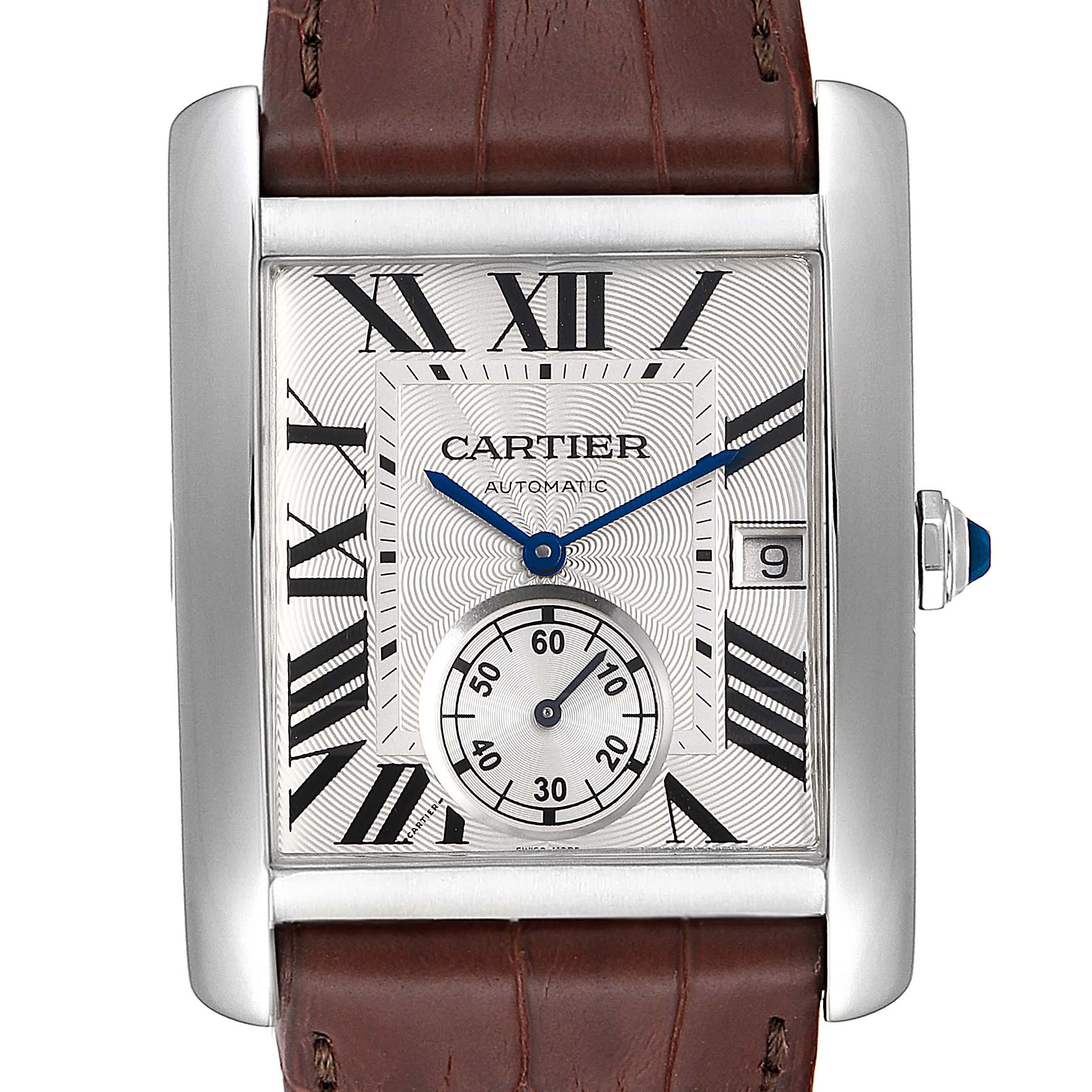 This image shows a frontal view of the Cartier Tank MC W5330003 Men's Stainless Steel Silver Dial W5330003 Men's Stainless Steel Silver Dial watch, highlighting its rectangular case, dial, and brown leather strap.