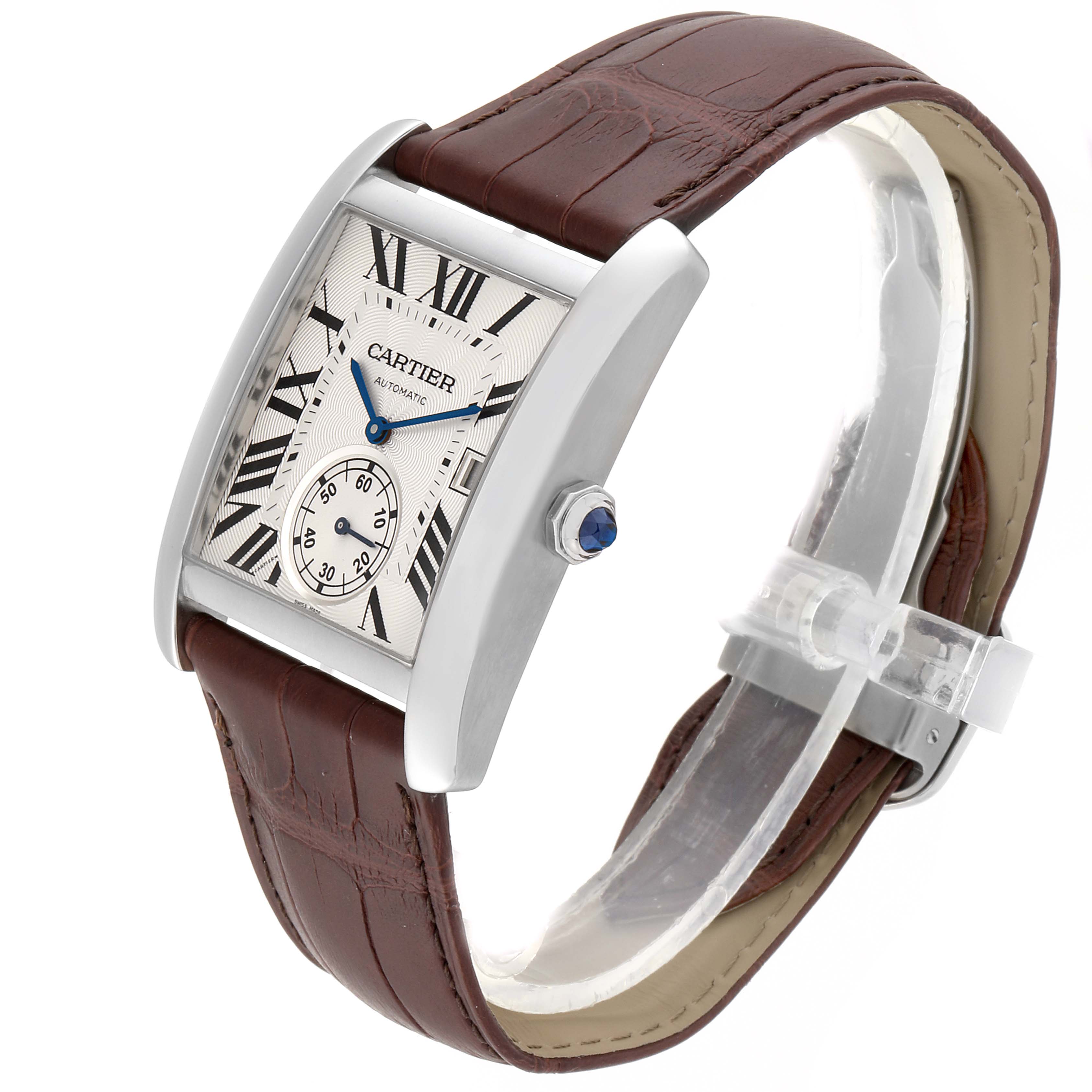 This image shows a side-angle view of a Cartier Tank MC W5330003 Men's Stainless Steel Silver Dial W5330003 Men's Stainless Steel Silver Dial watch, highlighting its dial, brown leather strap, and crown.