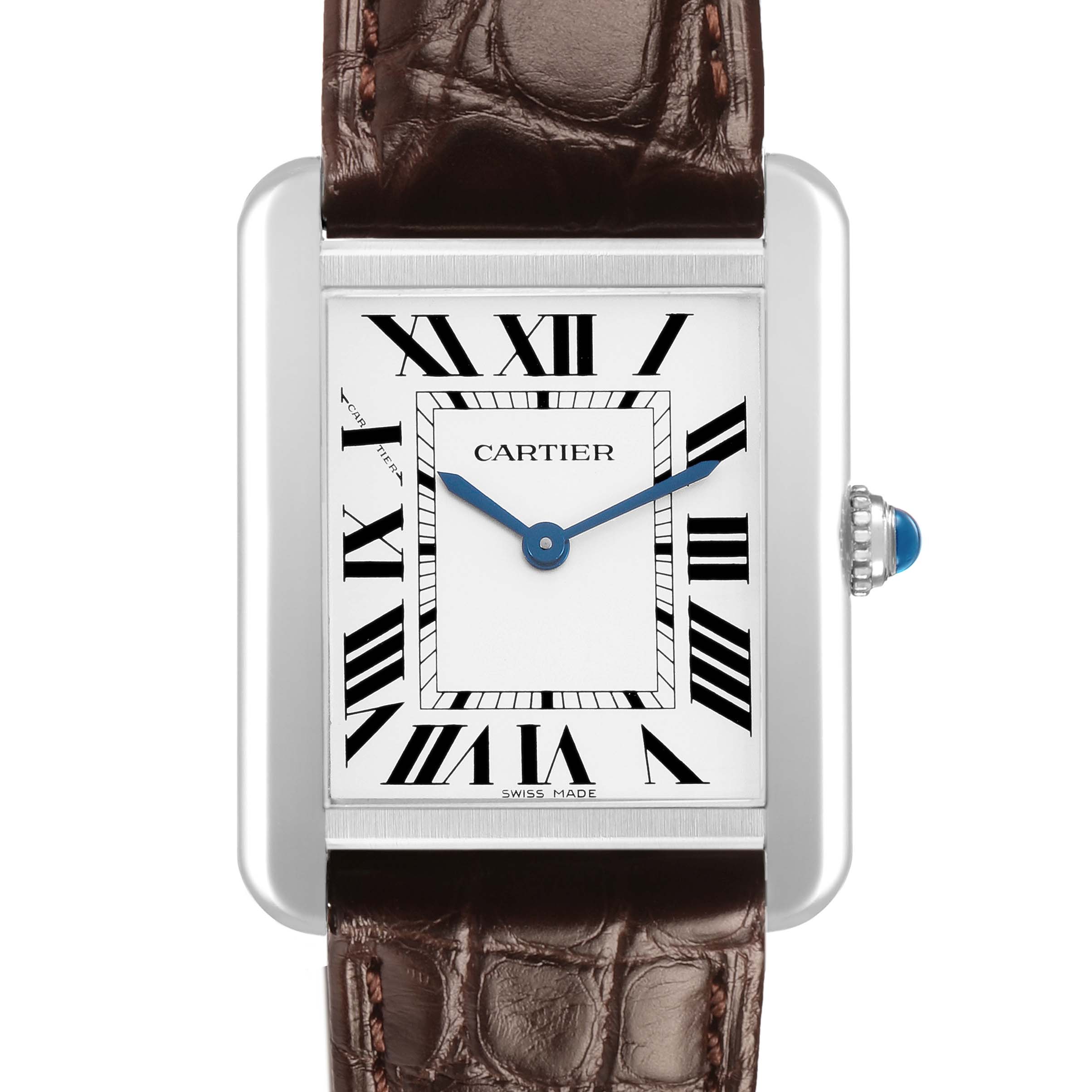 The Cartier Tank Solo WSTA0030 Womens Stainless Steel Silver Dial watch is shown from the front, displaying the dial, Roman numerals, and brown leather strap.
