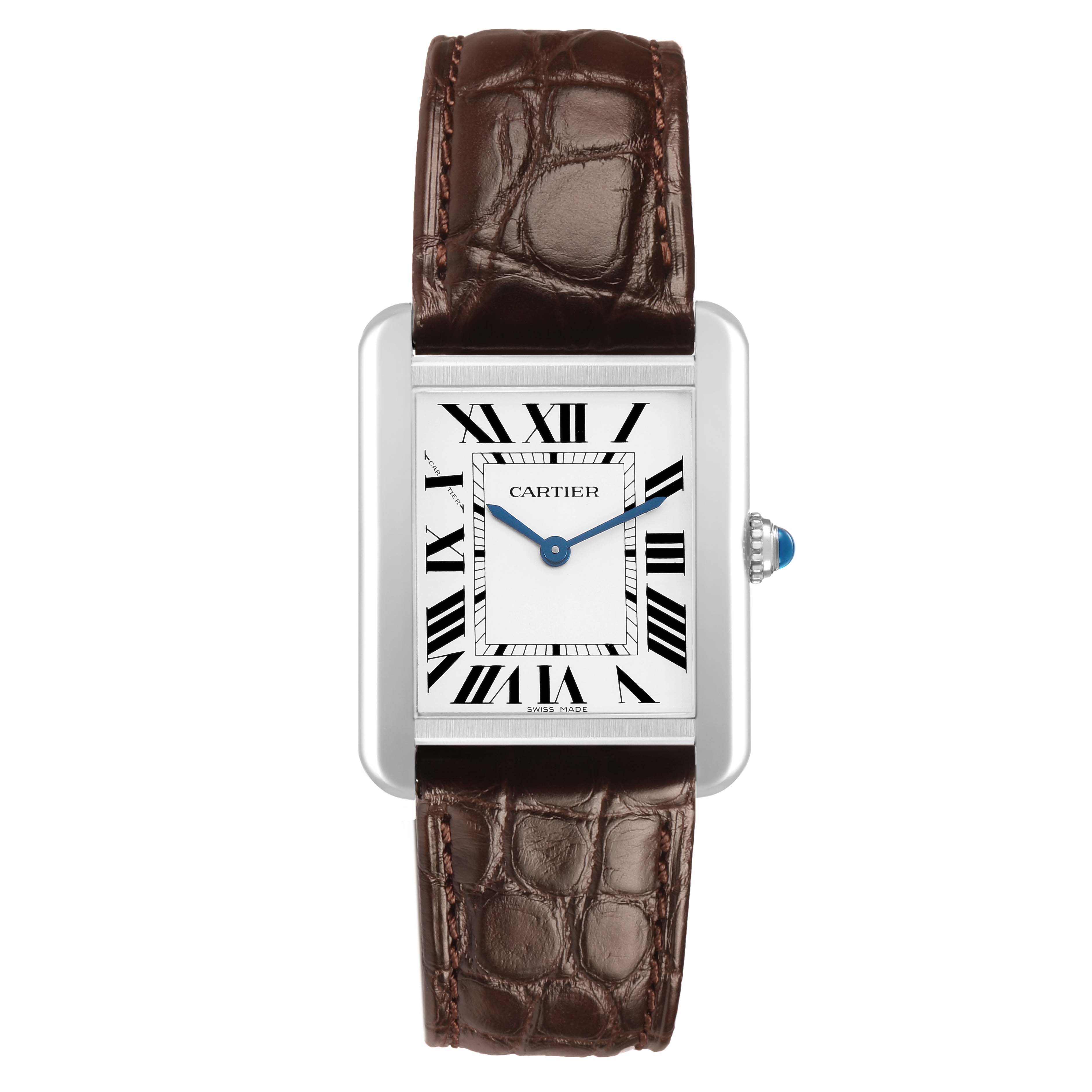 The Cartier Tank Solo WSTA0030 Womens Stainless Steel Silver Dial watch is shown from a top-down angle, displaying its dial, bezel, crown, and leather strap.