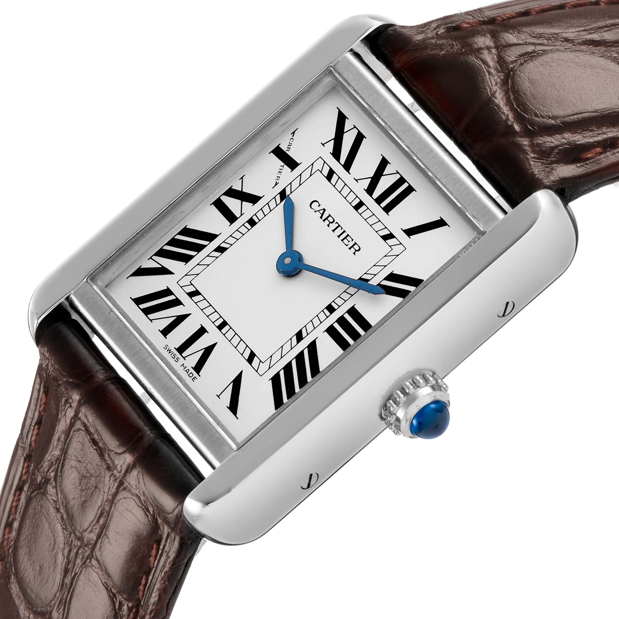 The Cartier Tank Solo WSTA0030 Womens Stainless Steel Silver Dial watch is shown at an angle highlighting the rectangular face, Roman numerals, blue hands, and crown detail.