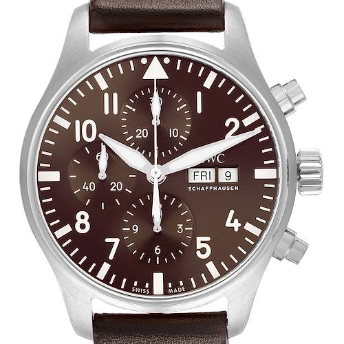 The IWC Pilot IW377713 Men's Stainless Steel Brown Dial watch is shown from the front, highlighting the dial, subdials, day-date display, and crown.