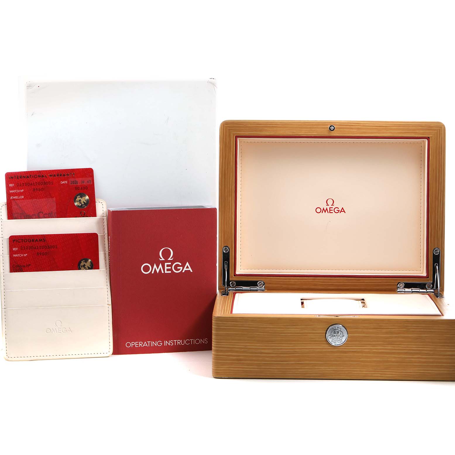 The image shows an Omega Seamaster 212.30.41.20.03.001 Mens Stainless Steel Blue Dial watch box, operating instructions, and warranty cards from a frontal angle.
