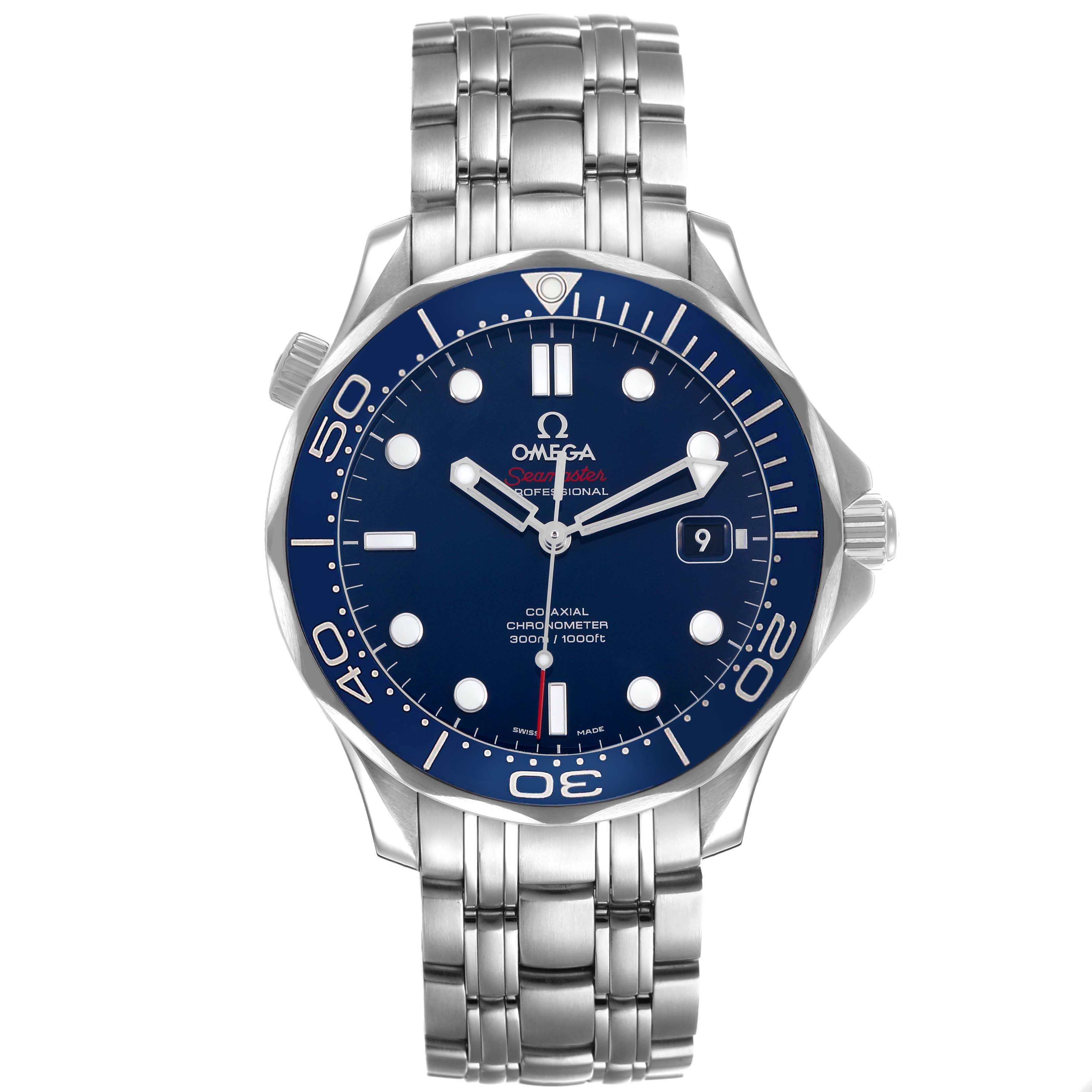 The Omega Seamaster 212.30.41.20.03.001 Mens Stainless Steel Blue Dial watch is shown from the front, displaying its dial, bezel, crown, and stainless steel bracelet.