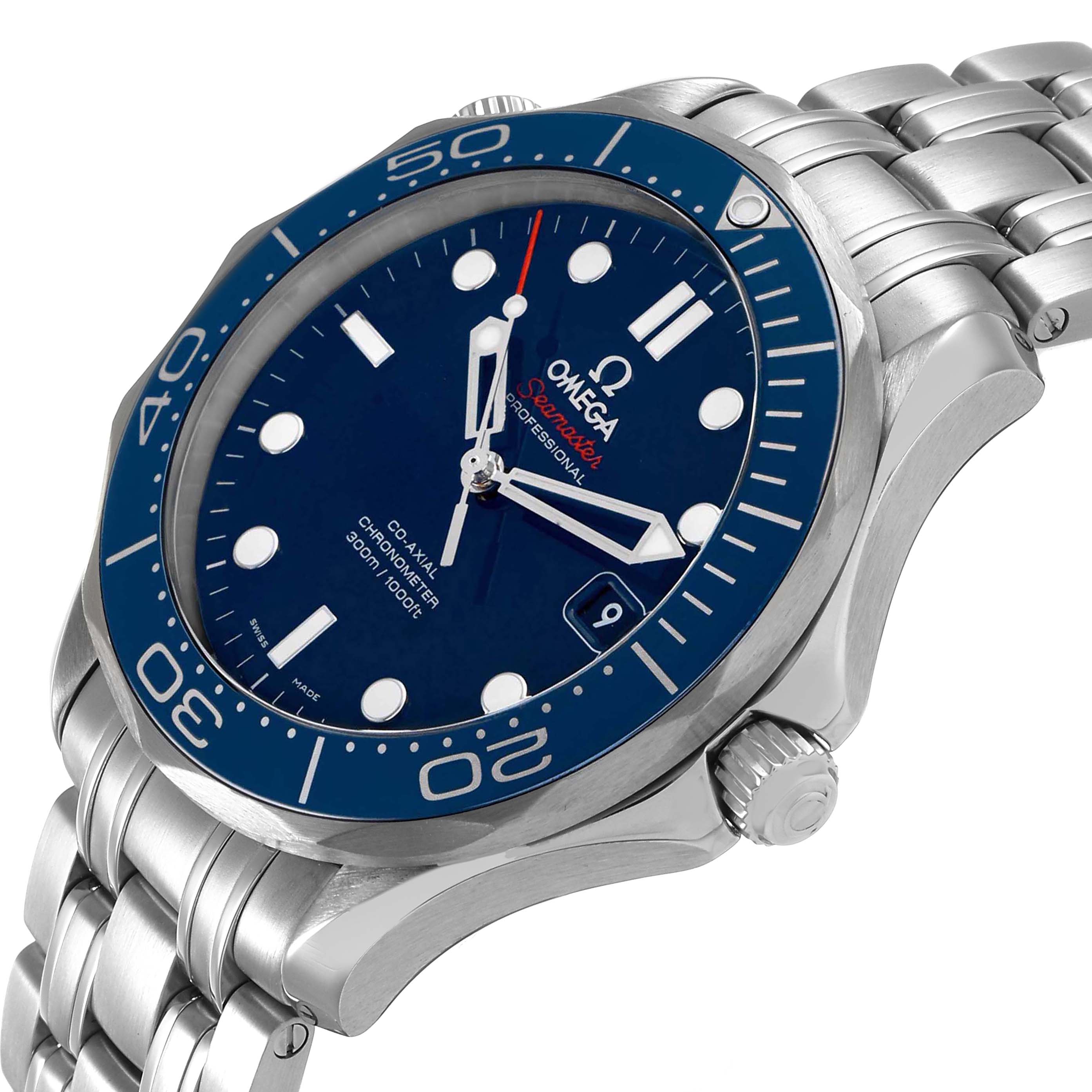 The Omega Seamaster 212.30.41.20.03.001 Mens Stainless Steel Blue Dial watch is shown at an oblique angle, highlighting the blue dial, bezel, and part of the bracelet.