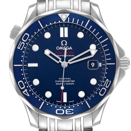 The Omega Seamaster 212.30.41.20.03.001 Mens Stainless Steel Blue Dial watch is shown from a front angle, highlighting the dial, hands, bezel, and part of the bracelet.