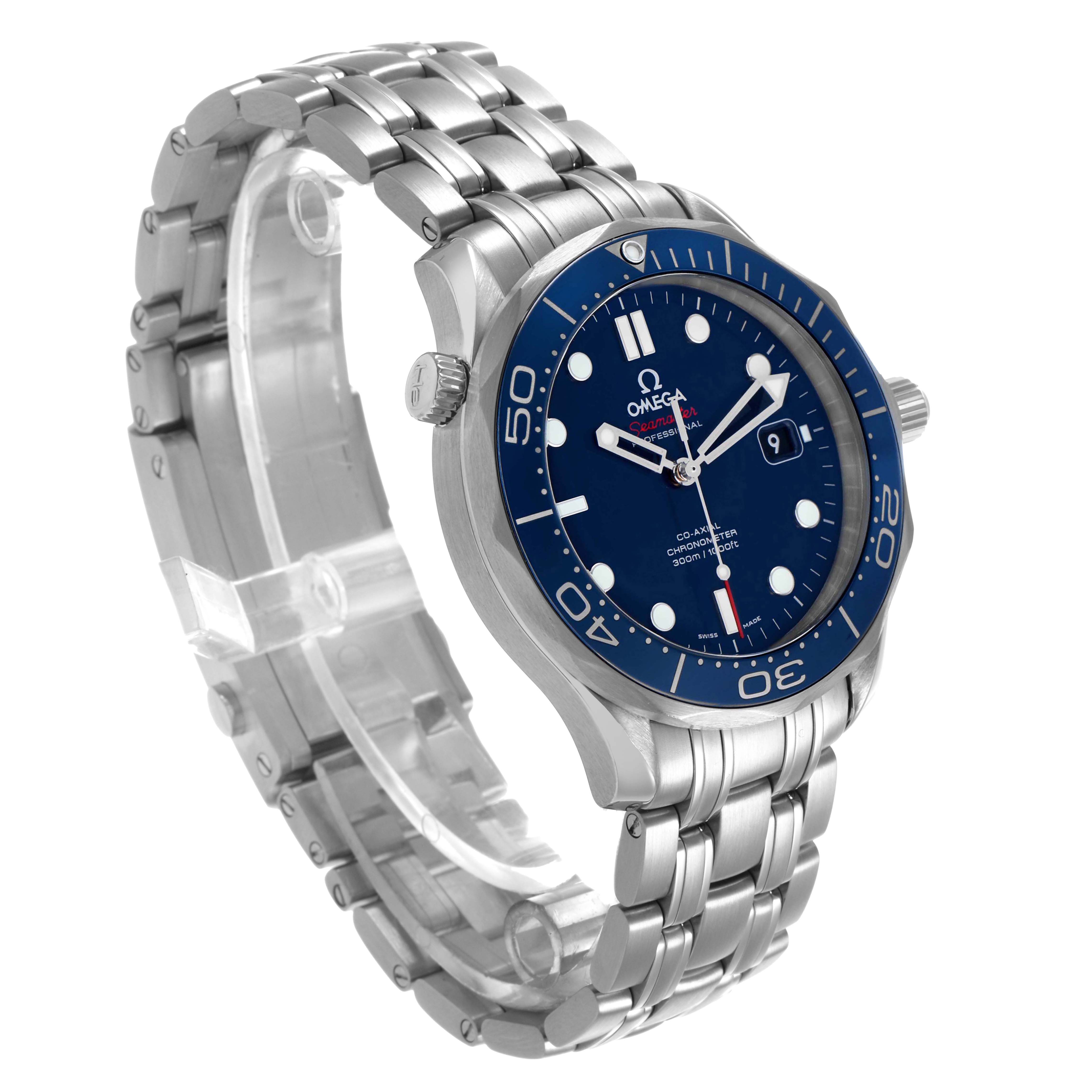 The Omega Seamaster 212.30.41.20.03.001 Mens Stainless Steel Blue Dial watch is shown at an angle highlighting the face, bezel, crown, and metal bracelet.