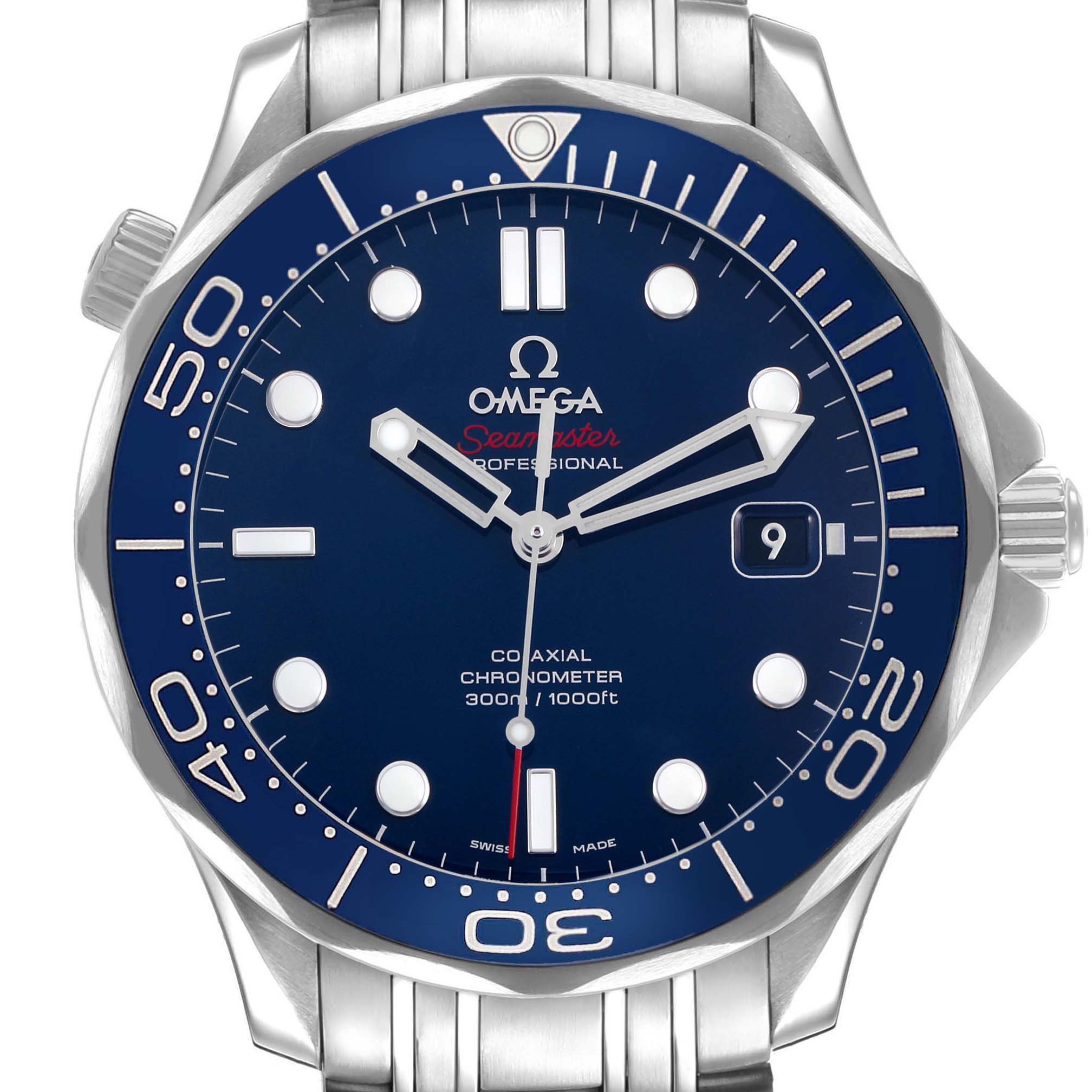 The Omega Seamaster 212.30.41.20.03.001 Mens Stainless Steel Blue Dial watch is shown front-on, displaying the dial, bezel with markings, and part of the bracelet.