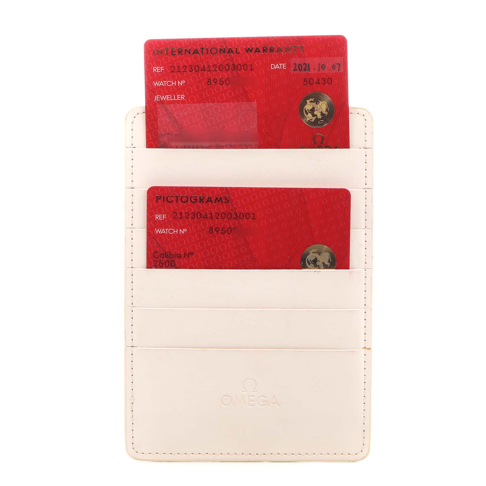 The image shows an Omega Seamaster 212.30.41.20.03.001 Mens Stainless Steel Blue Dial warranty card holder containing two red cards with model details.