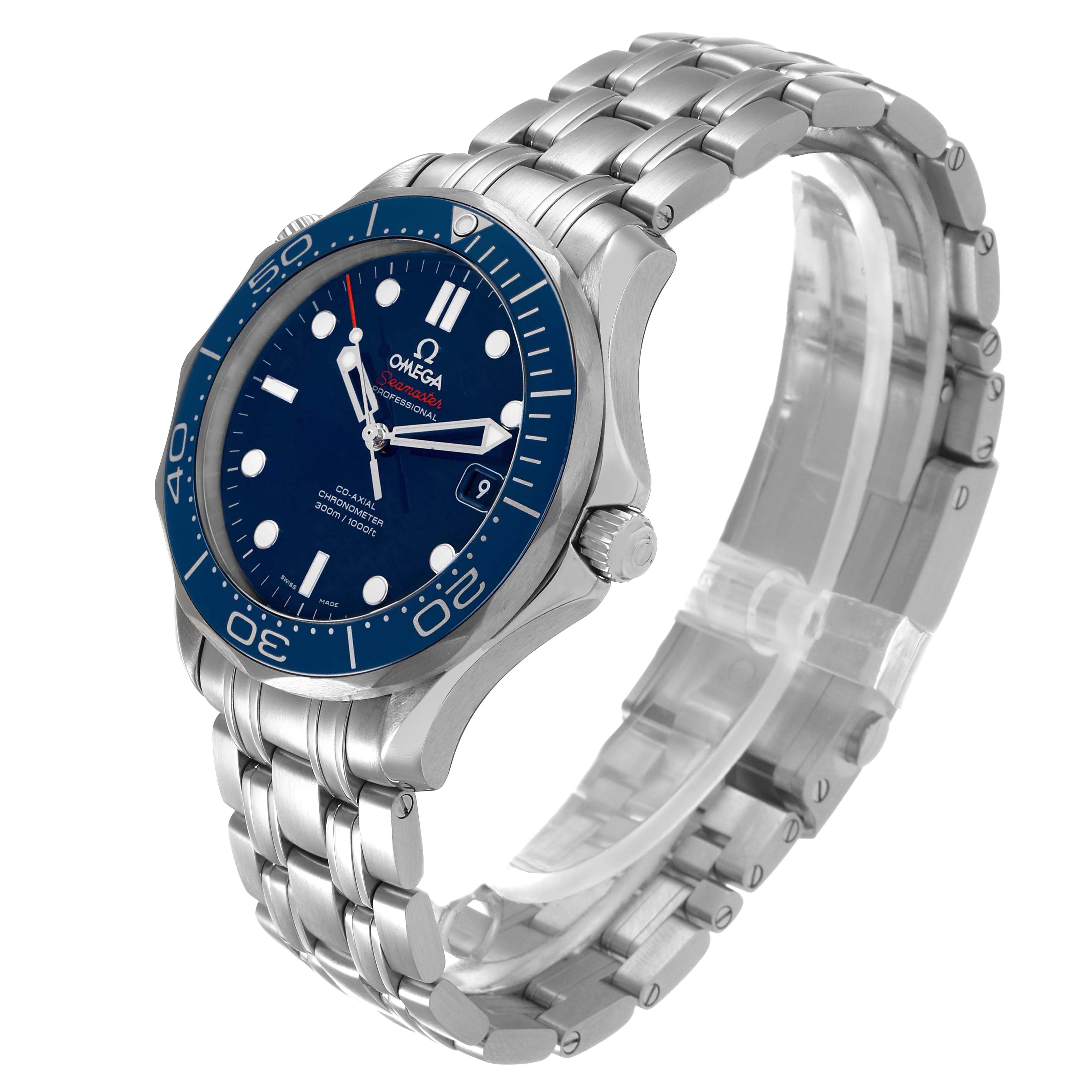 The Omega Seamaster 212.30.41.20.03.001 Mens Stainless Steel Blue Dial watch is shown at a three-quarter angle, displaying the bezel, dial, crown, and bracelet.