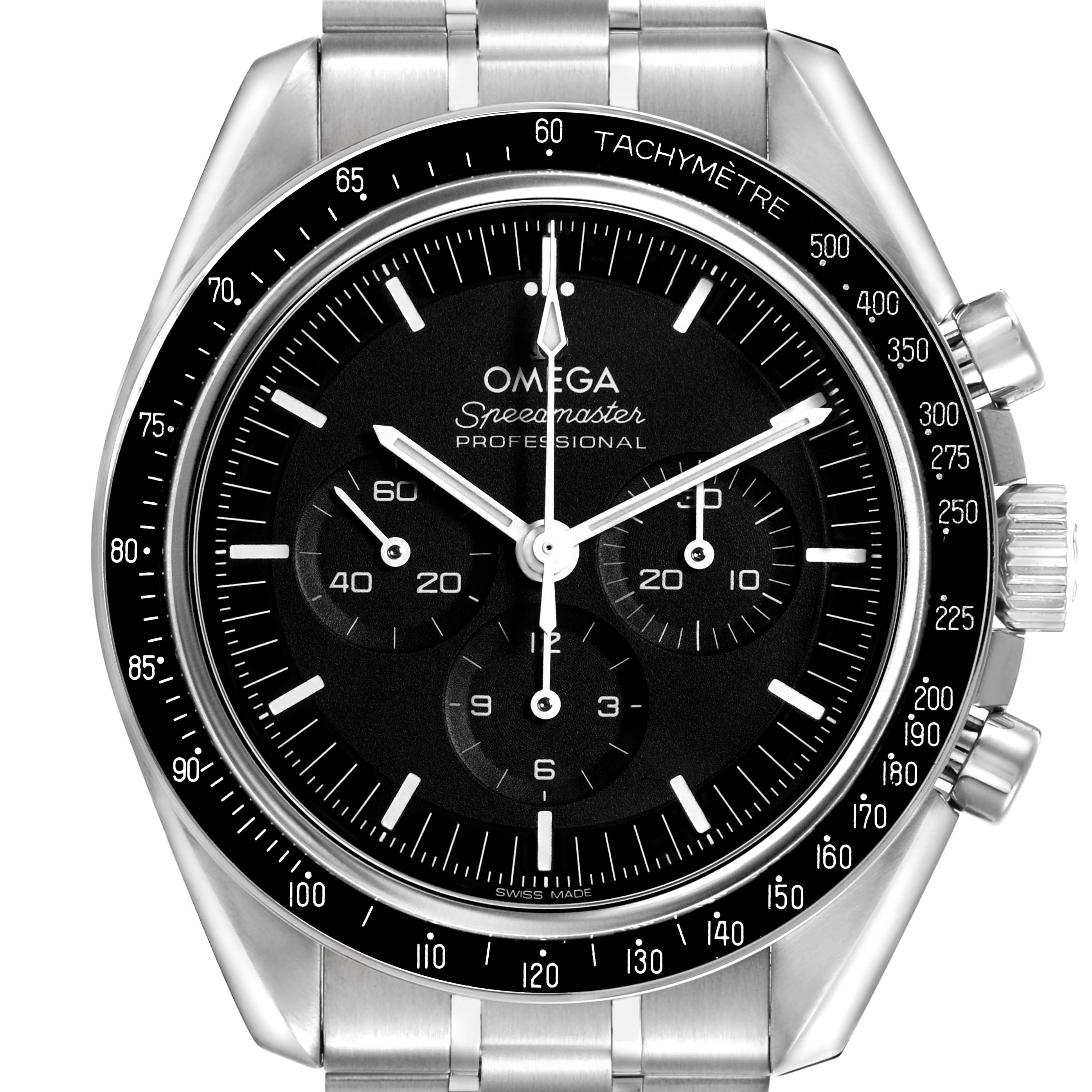 The image shows a front view of the Omega Speedmaster 310.32.42.50.01.002 Mens Stainless Steel Black Dial, highlighting the dial, bezel, pushers, crown, and bracelet.