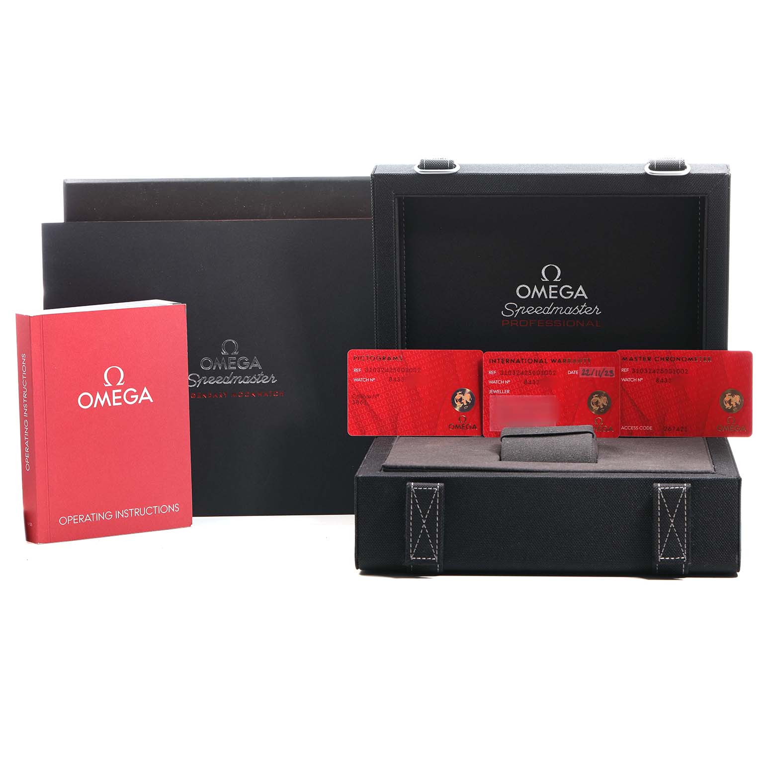 The Omega Speedmaster 310.32.42.50.01.002 Mens Stainless Steel Black Dial packaging includes a box, operating instructions, and red warranty cards displayed from the front angle.