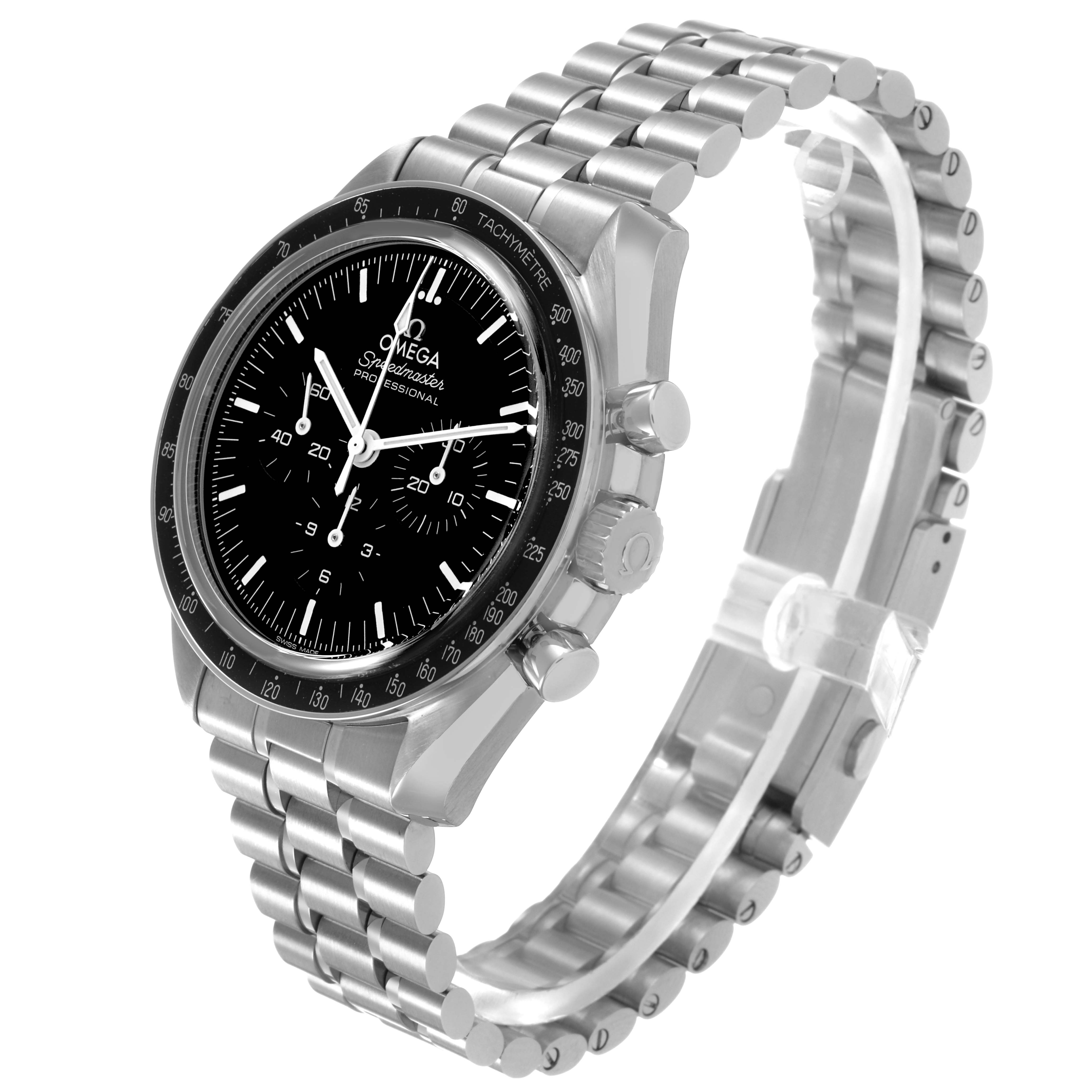 The Omega Speedmaster 310.32.42.50.01.002 Mens Stainless Steel Black Dial watch is shown at a three-quarter angle, highlighting the face, bezel, and metal bracelet.