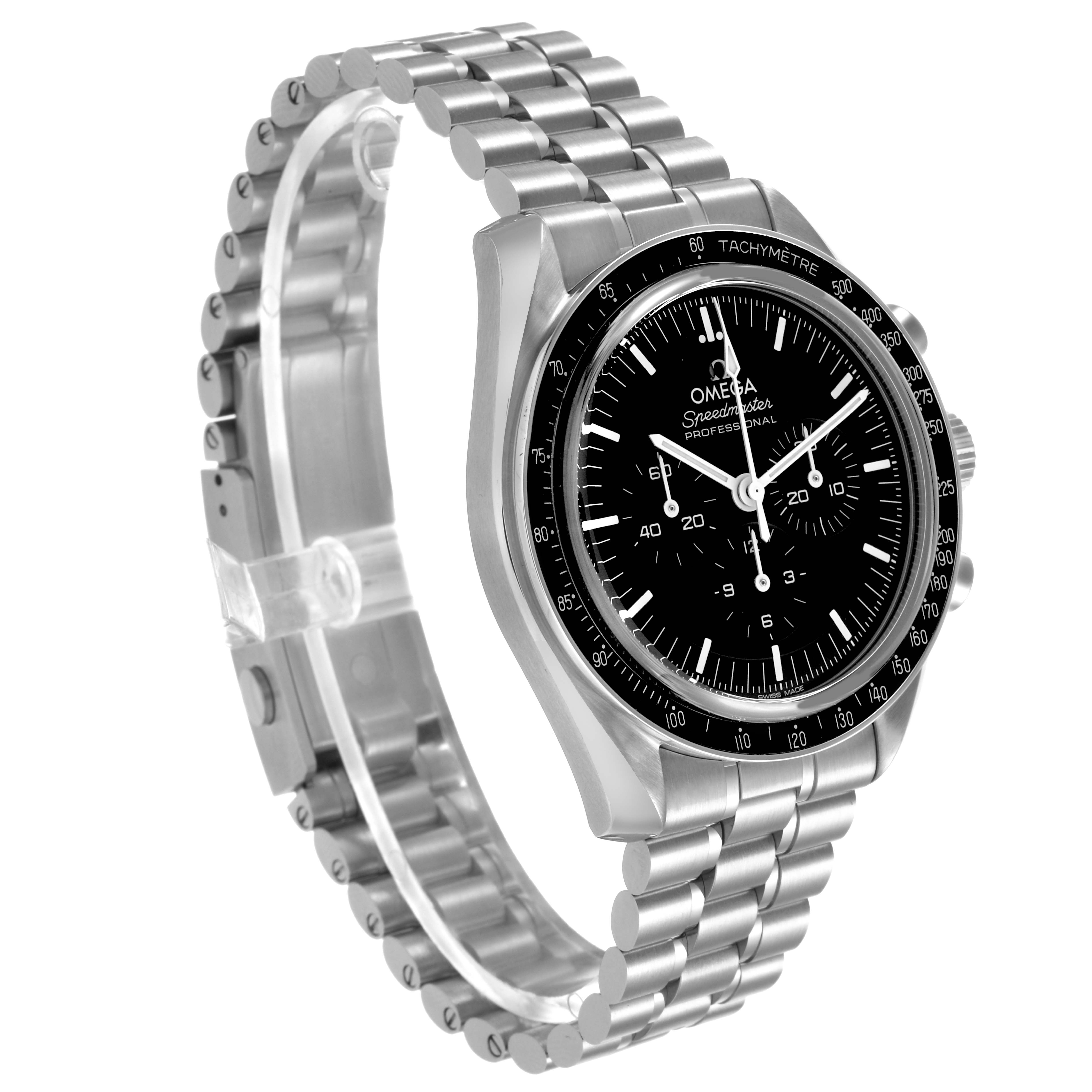 The Omega Speedmaster 310.32.42.50.01.002 Mens Stainless Steel Black Dial is shown from a front-side angle, highlighting its black dial, tachymeter bezel, and stainless steel bracelet.