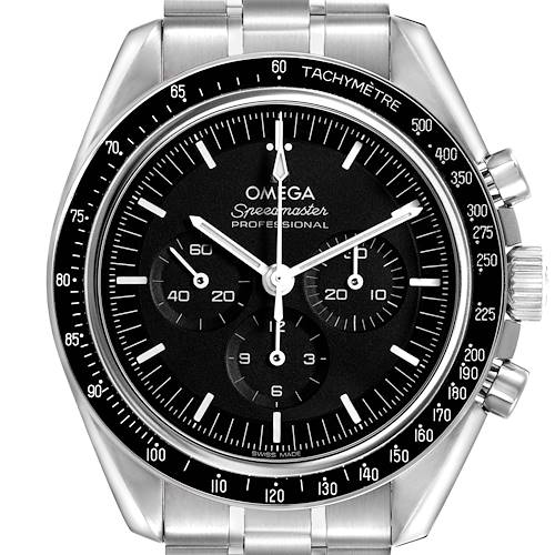 The Omega Speedmaster 310.32.42.50.01.002 Mens Stainless Steel Black Dial watch is shown from a front angle, displaying its dial, tachymeter bezel, and side pushers.