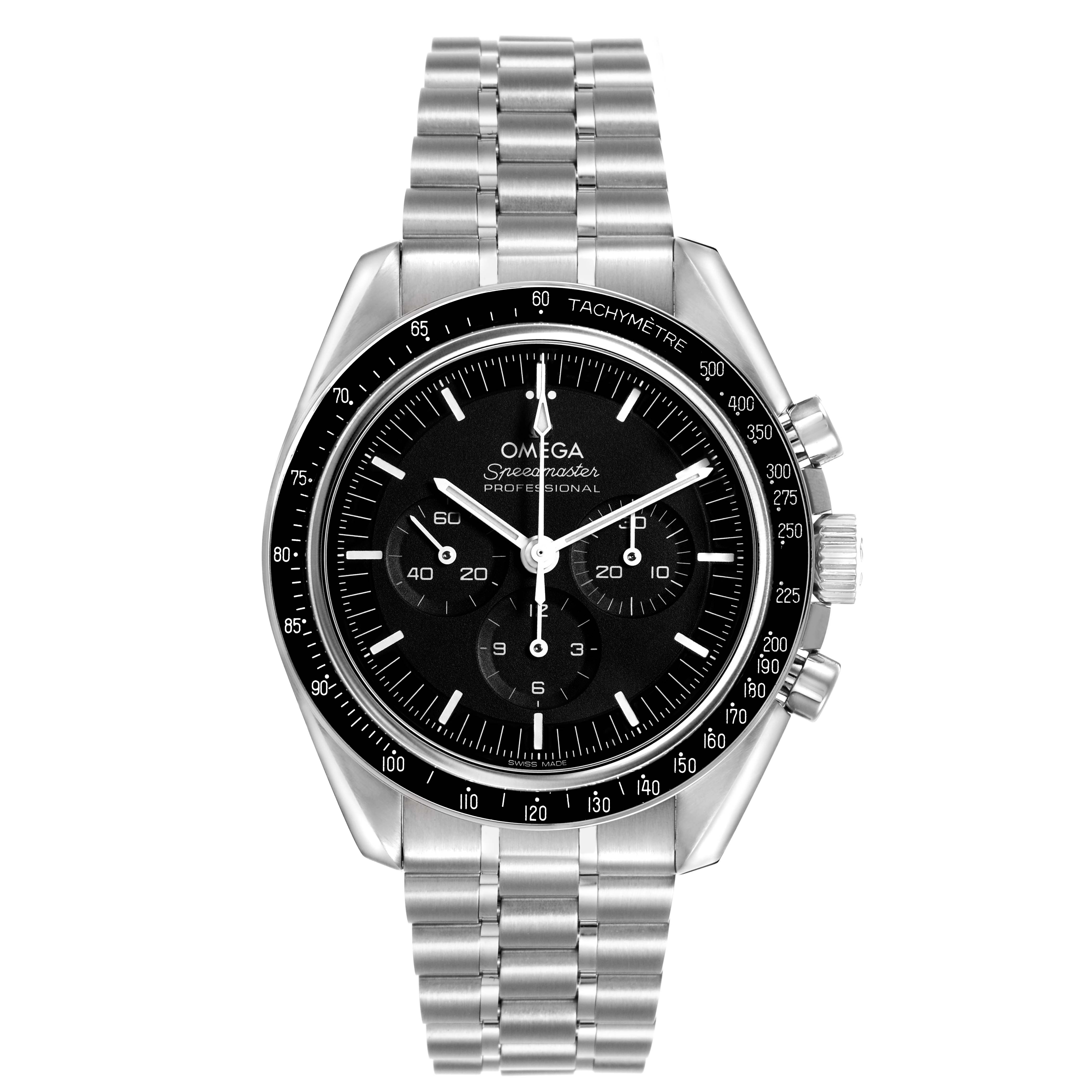The image shows a frontal view of the Omega Speedmaster 310.32.42.50.01.002 Mens Stainless Steel Black Dial watch, displaying its face, bezel, and stainless steel bracelet.