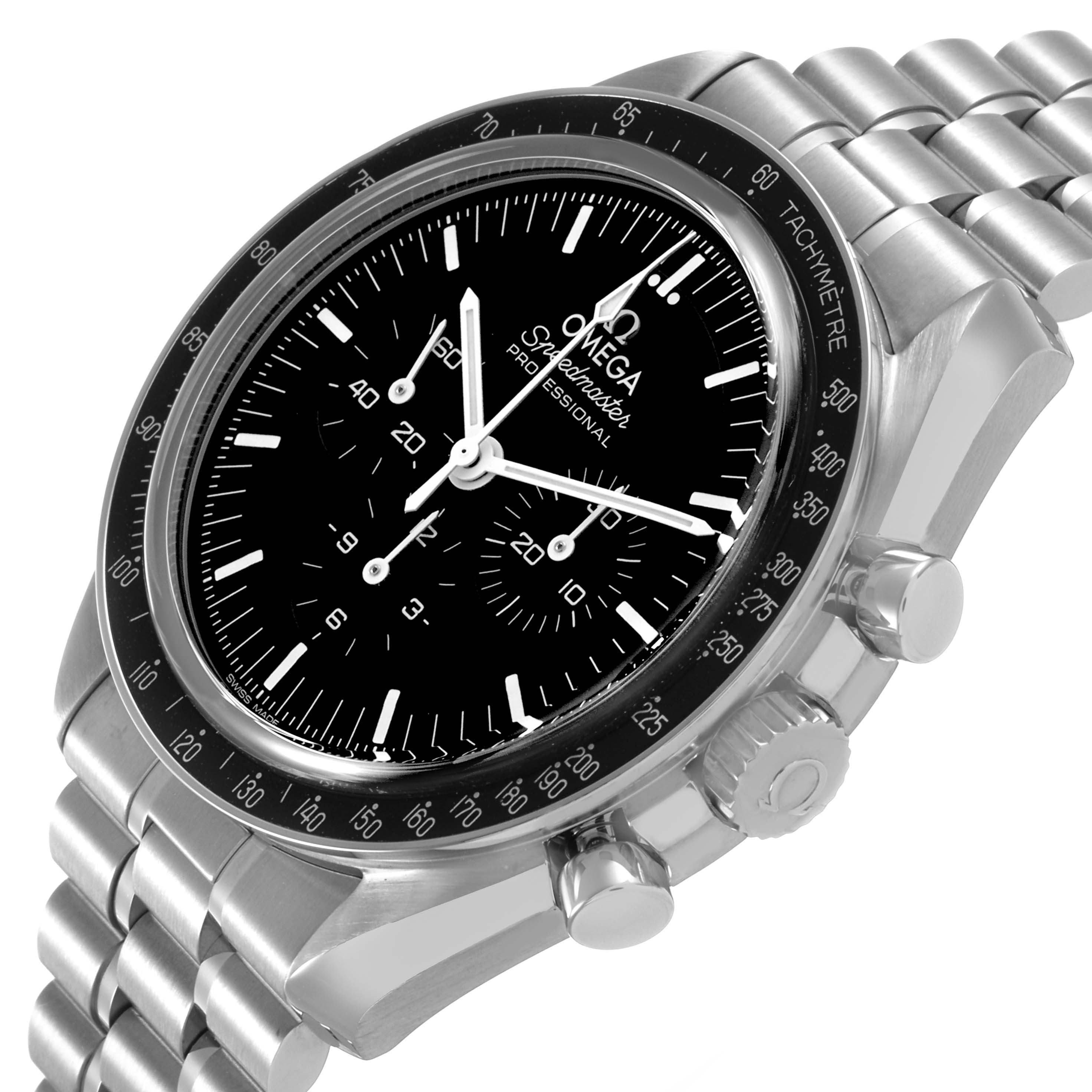 The Omega Speedmaster 310.32.42.50.01.002 Mens Stainless Steel Black Dial watch is shown at an angled view, highlighting the face, bezel, pushers, and bracelet.