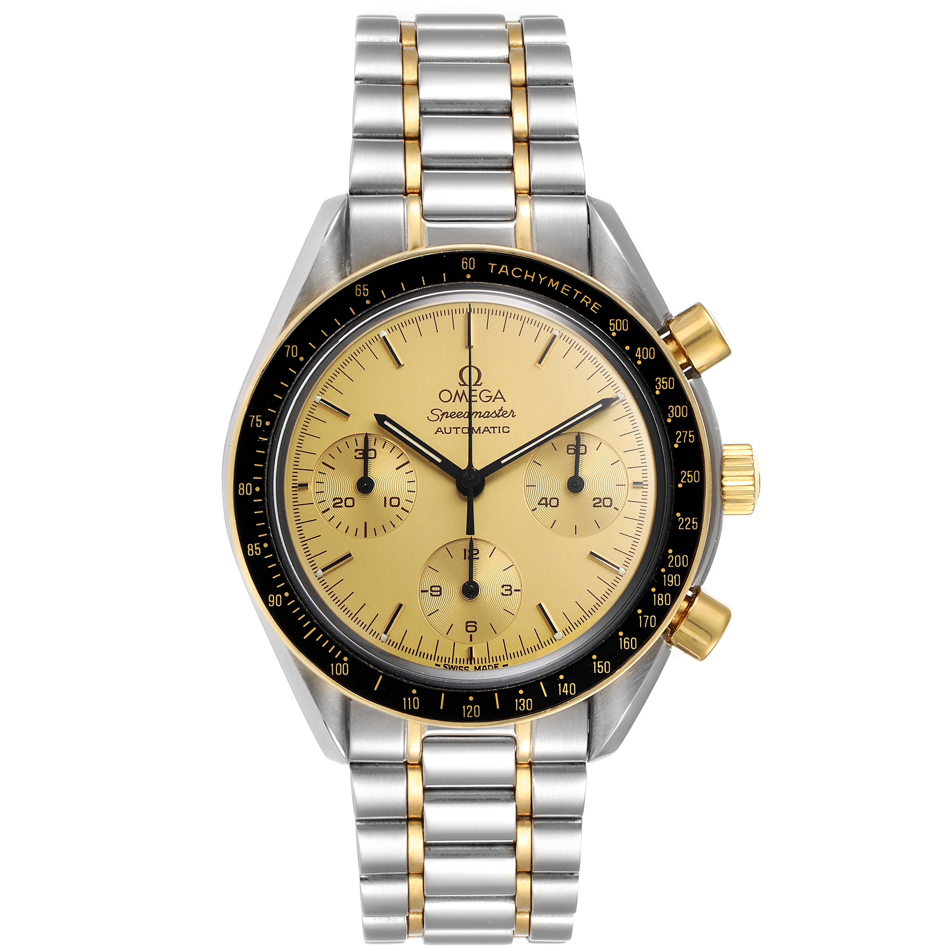 The Omega Speedmaster 3310.10.00 Men's Steel and Gold (two tone) Champagne Dial 3310.10.00 Men's Steel and Gold (two tone) Champagne Dial watch is shown from a top-down angle, displaying its face, bezel, and bracelet.
