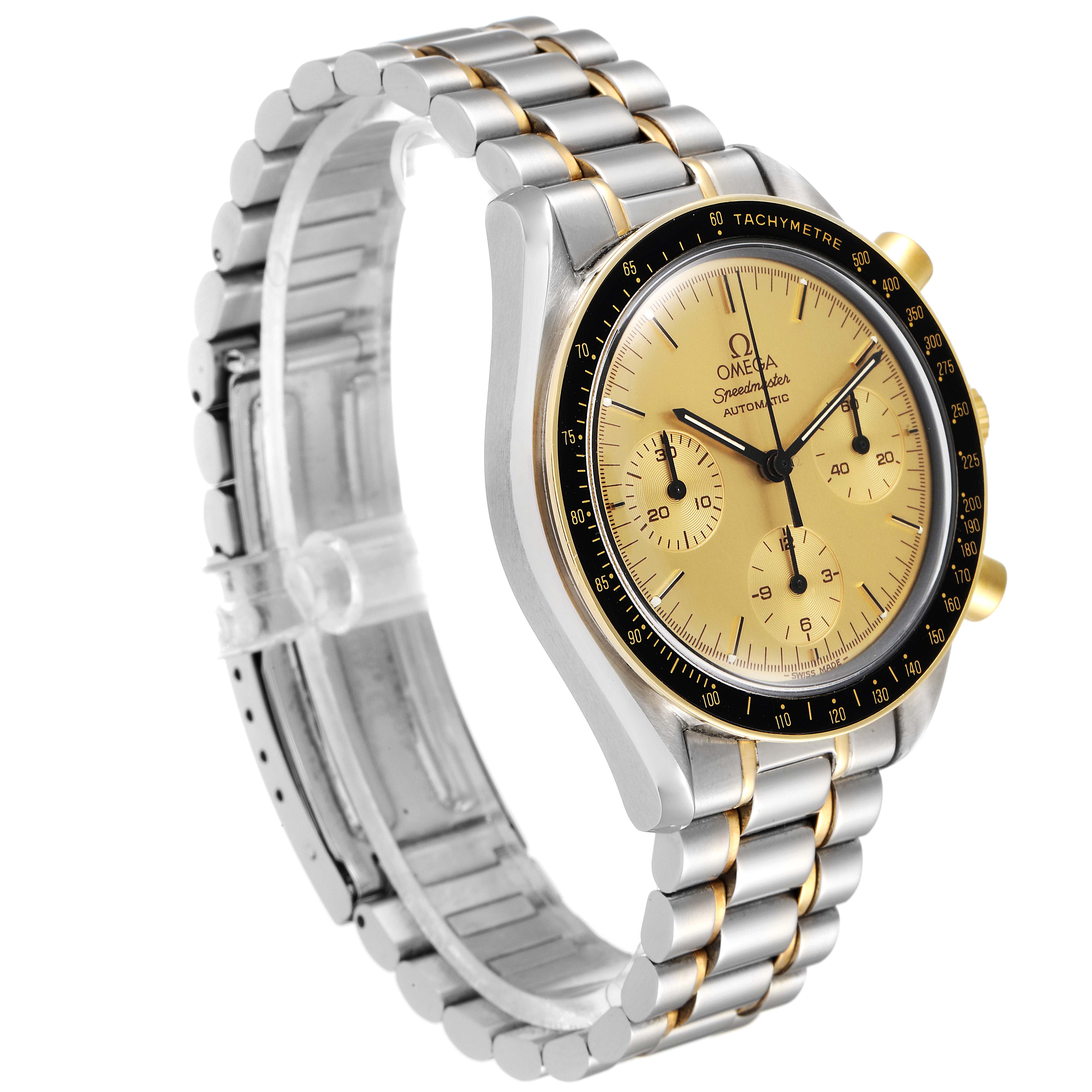 The image shows a side-angle view of an Omega Speedmaster 3310.10.00 Men's Steel and Gold (two tone) Champagne Dial 3310.10.00 Men's Steel and Gold (two tone) Champagne Dial watch, highlighting its two-tone bracelet and gold-colored dial.