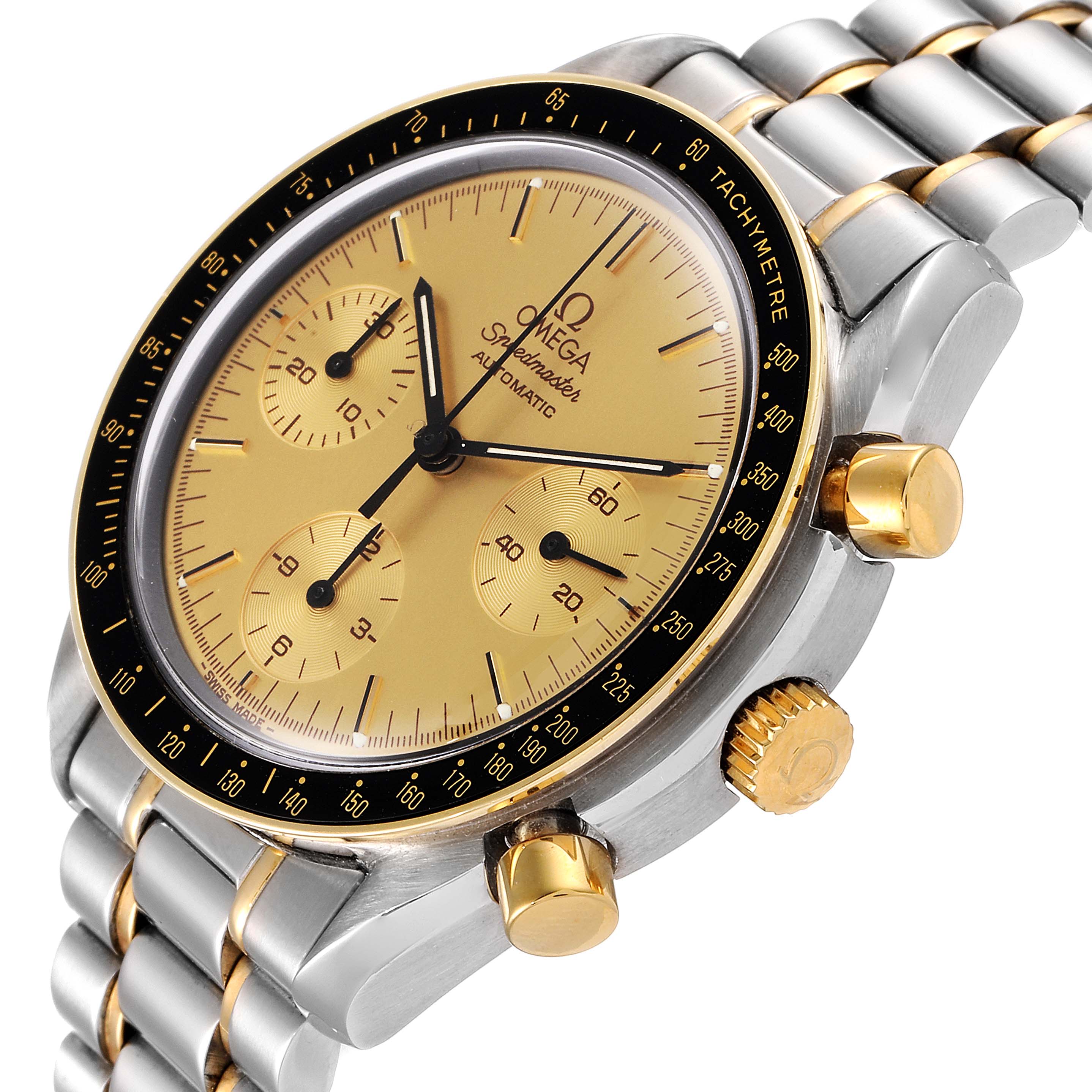 The image shows an angled close-up of an Omega Speedmaster 3310.10.00 Men's Steel and Gold (two tone) Champagne Dial 3310.10.00 Men's Steel and Gold (two tone) Champagne Dial watch, highlighting its gold dial, bezel, and two-tone bracelet.