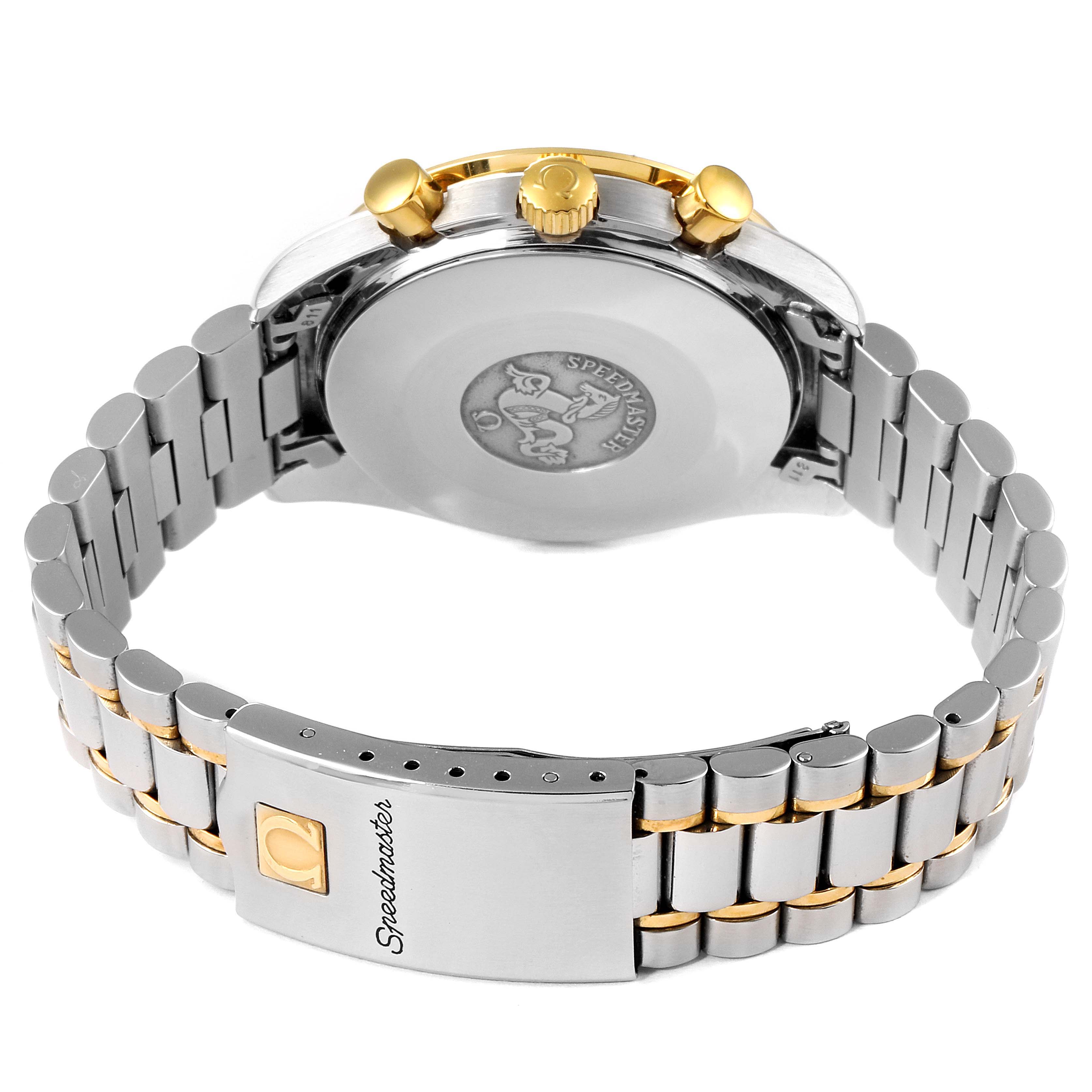 The image shows the back view of an Omega Speedmaster 3310.10.00 Men's Steel and Gold (two tone) Champagne Dial 3310.10.00 Men's Steel and Gold (two tone) Champagne Dial watch, highlighting the case back and the clasp of the bracelet.