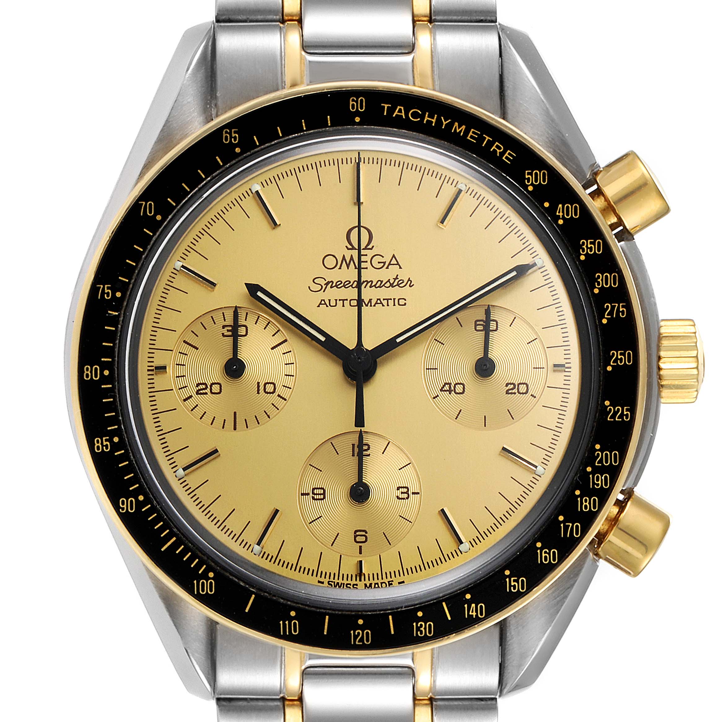 The image shows a frontal view of an Omega Speedmaster 3310.10.00 Men's Steel and Gold (two tone) Champagne Dial 3310.10.00 Men's Steel and Gold (two tone) Champagne Dial watch, highlighting its gold-tone dial, black tachymeter bezel, and dual-tone metal bracelet.