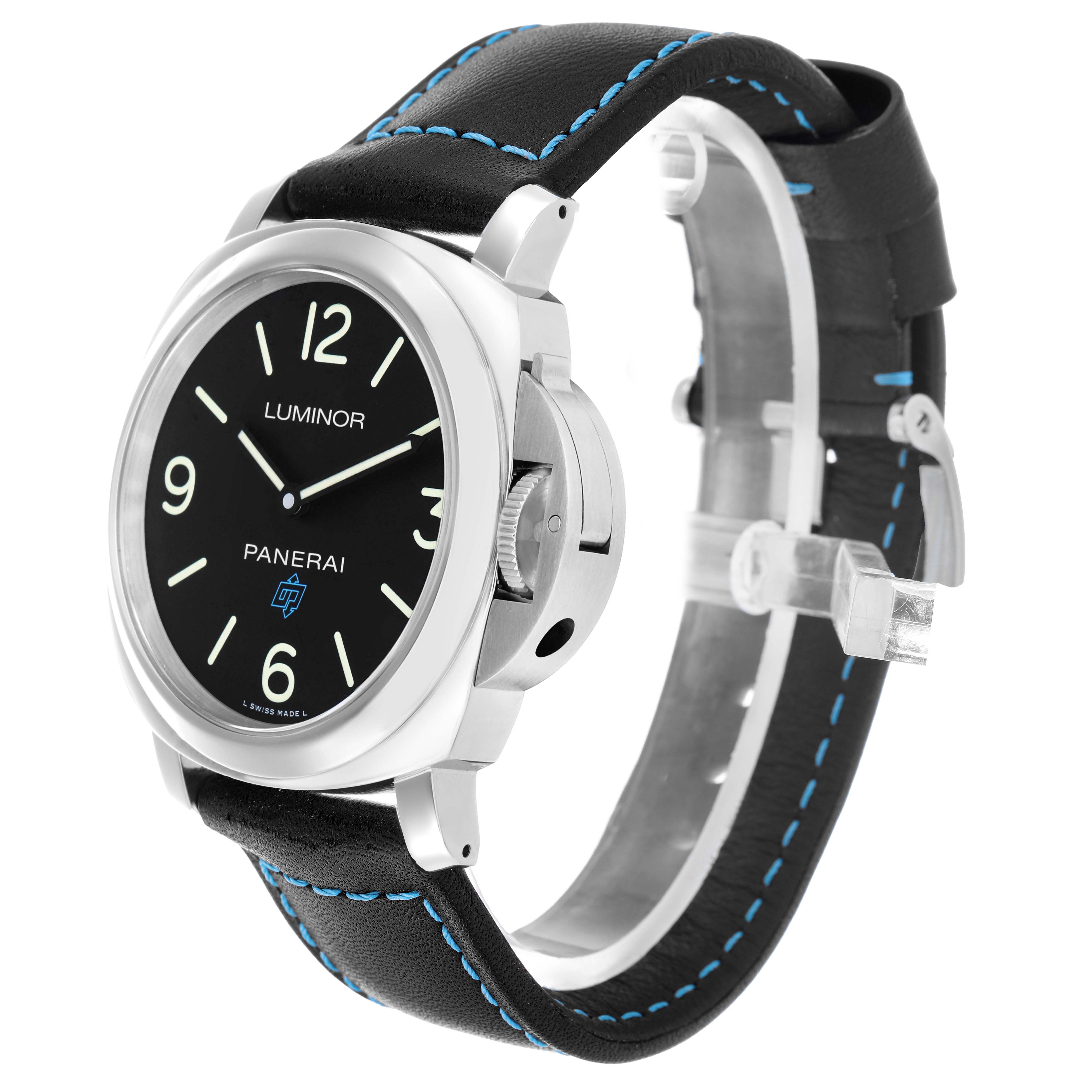The Panerai Luminor PAM00774 Mens Stainless Steel Black Dial watch is shown at a 3/4 angle, highlighting the dial, crown guard, and black strap with blue stitching.