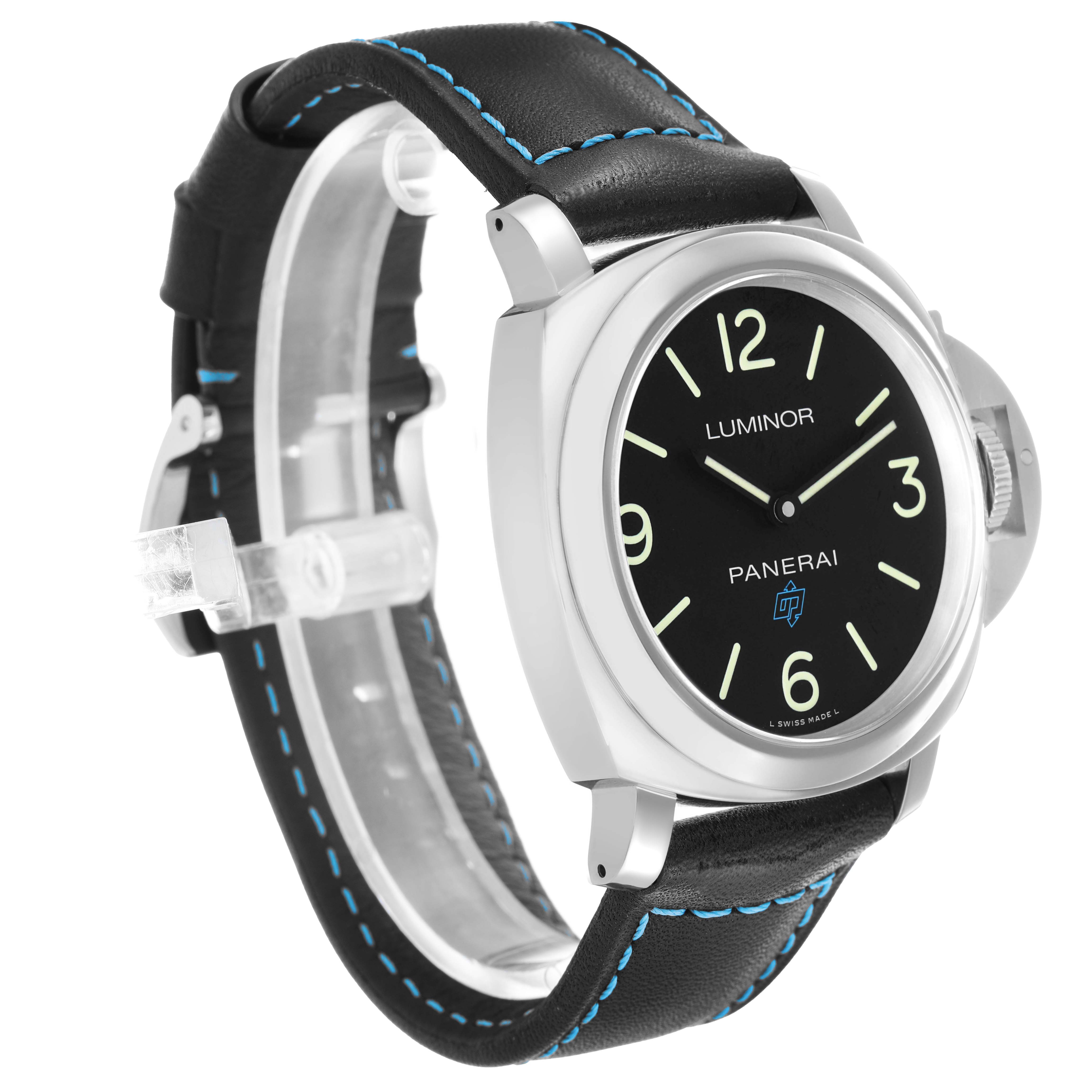 The Panerai Luminor PAM00774 Mens Stainless Steel Black Dial watch is shown from a left-angled side view, highlighting its face, case, crown guard, and strap.