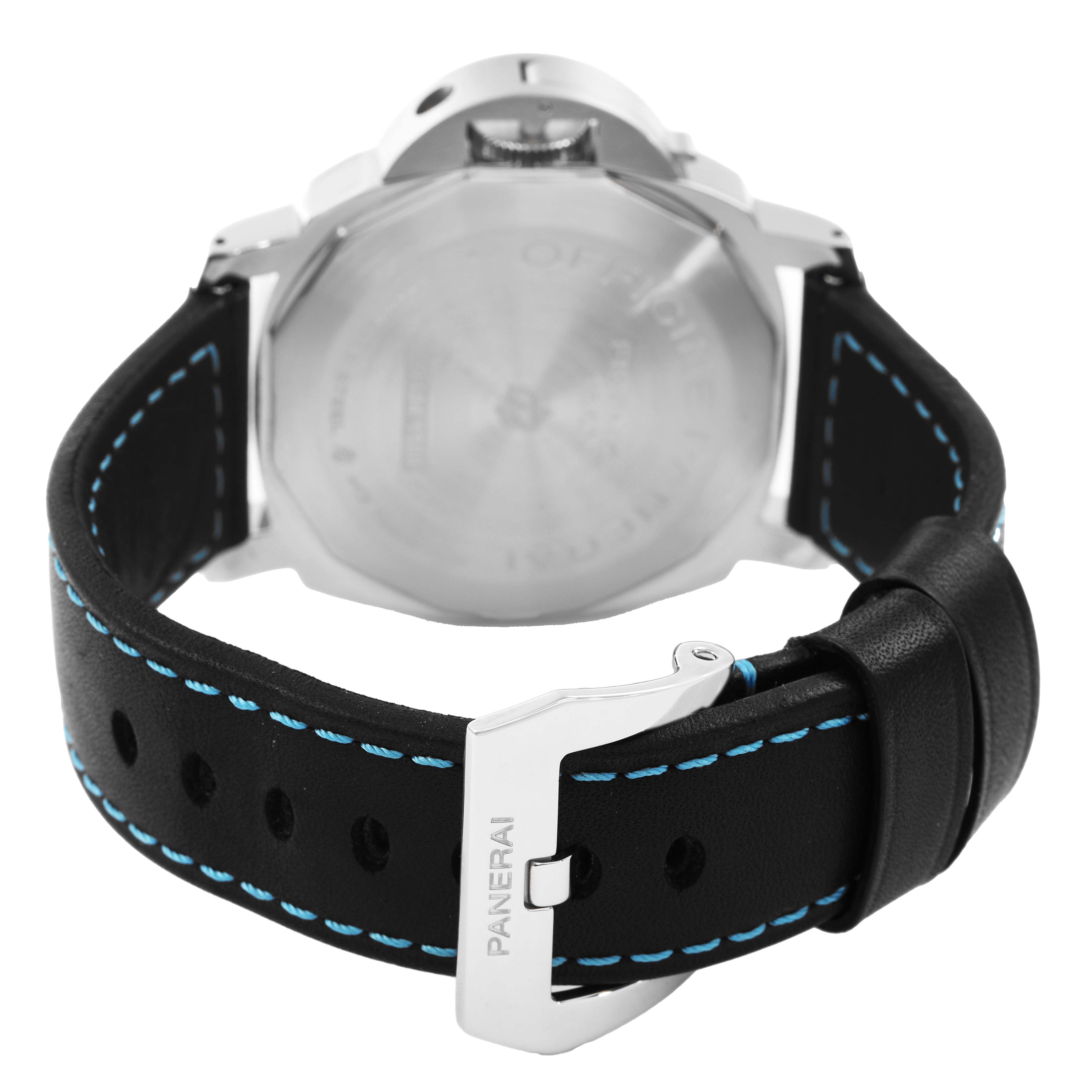 The image shows the back of a Panerai Luminor PAM00774 Mens Stainless Steel Black Dial watch, highlighting the case back, crown, and leather strap with blue stitching.