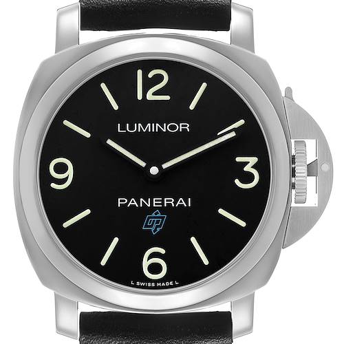 The Panerai Luminor PAM00774 Mens Stainless Steel Black Dial watch is shown from a front angle, displaying the dial, crown guard, and leather strap.
