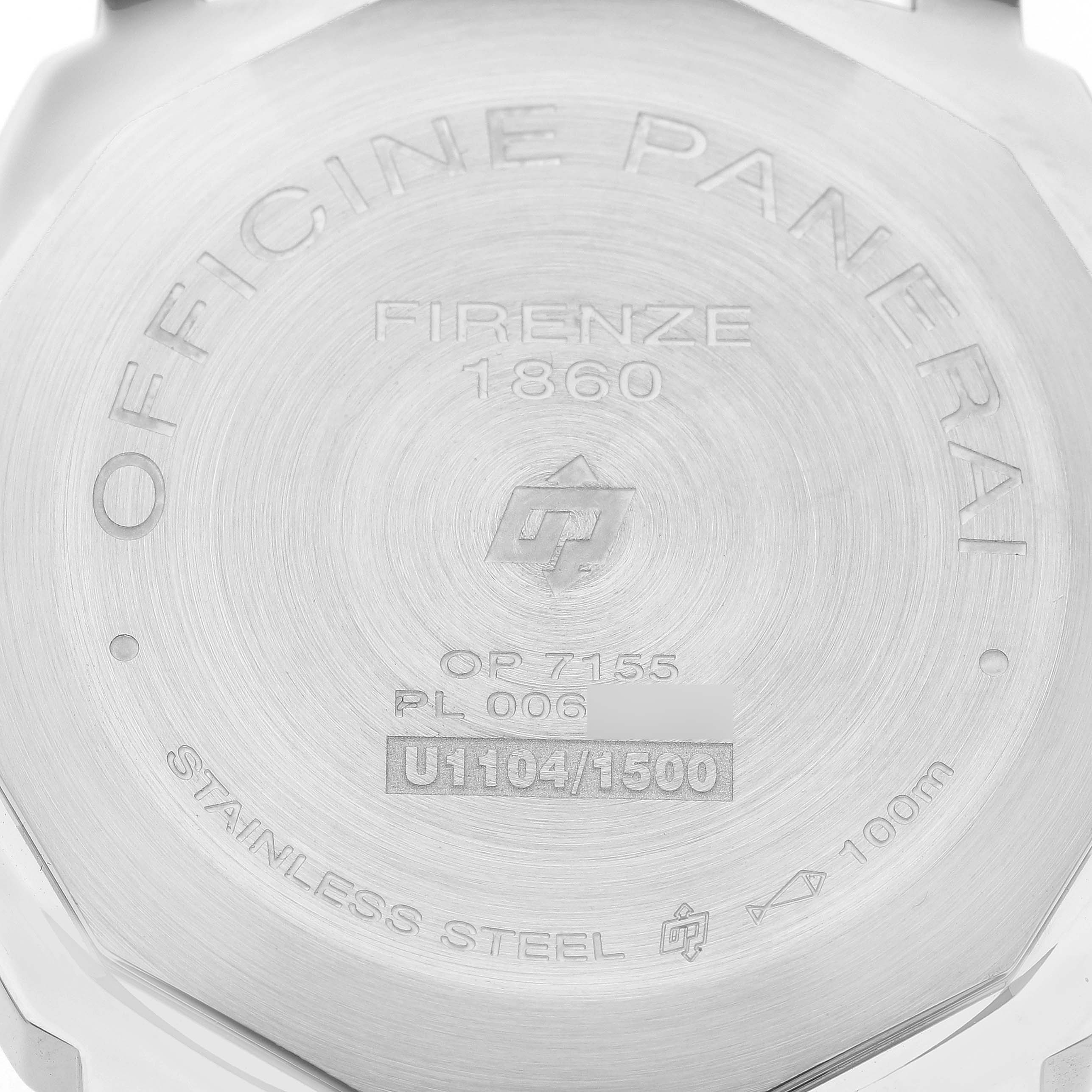 The image shows the back of a Panerai Luminor PAM00774 Mens Stainless Steel Black Dial watch, highlighting its engravings and model details.