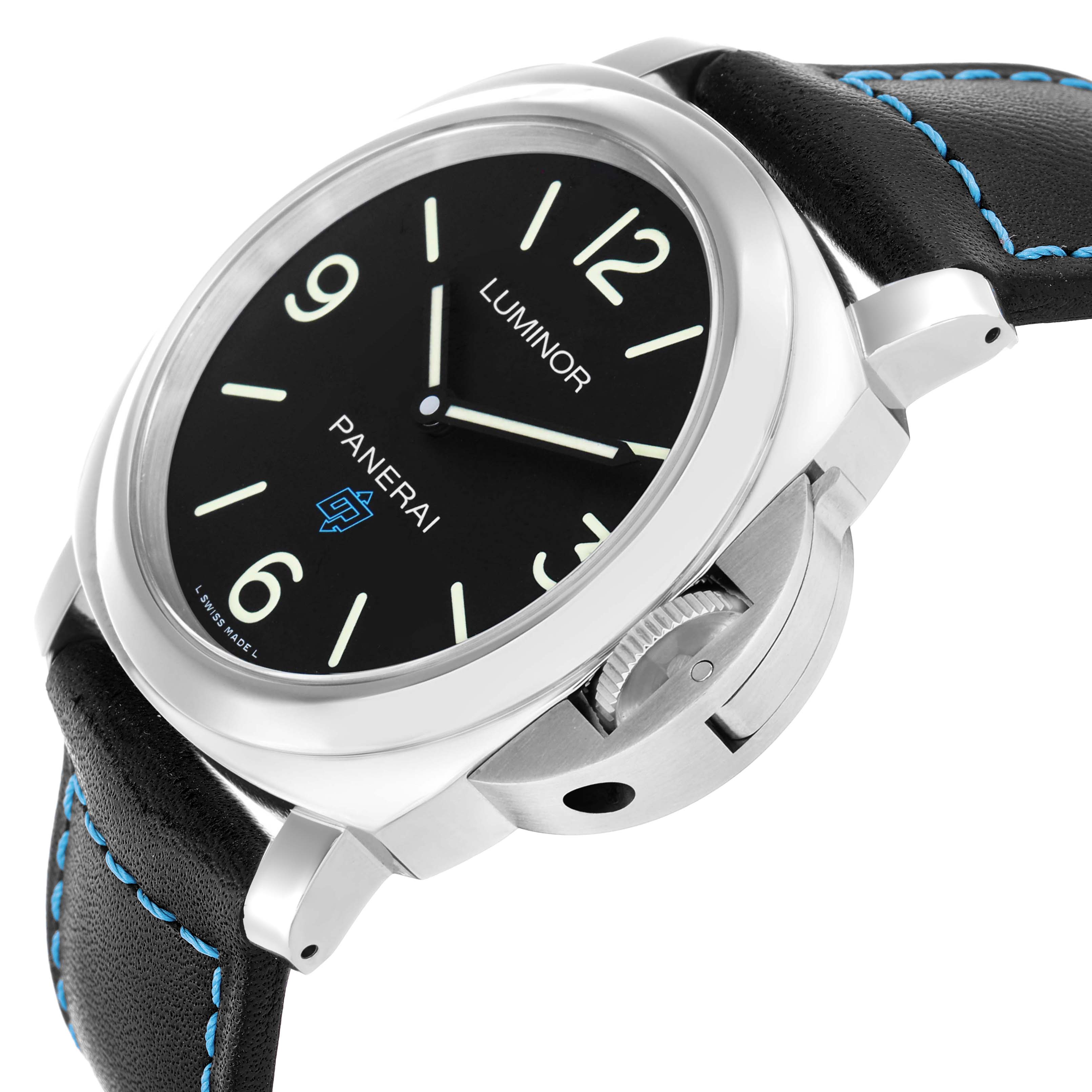 The image shows a side angle of a Panerai Luminor PAM00774 Mens Stainless Steel Black Dial watch, highlighting the dial, case, crown guard, and strap with blue stitching.