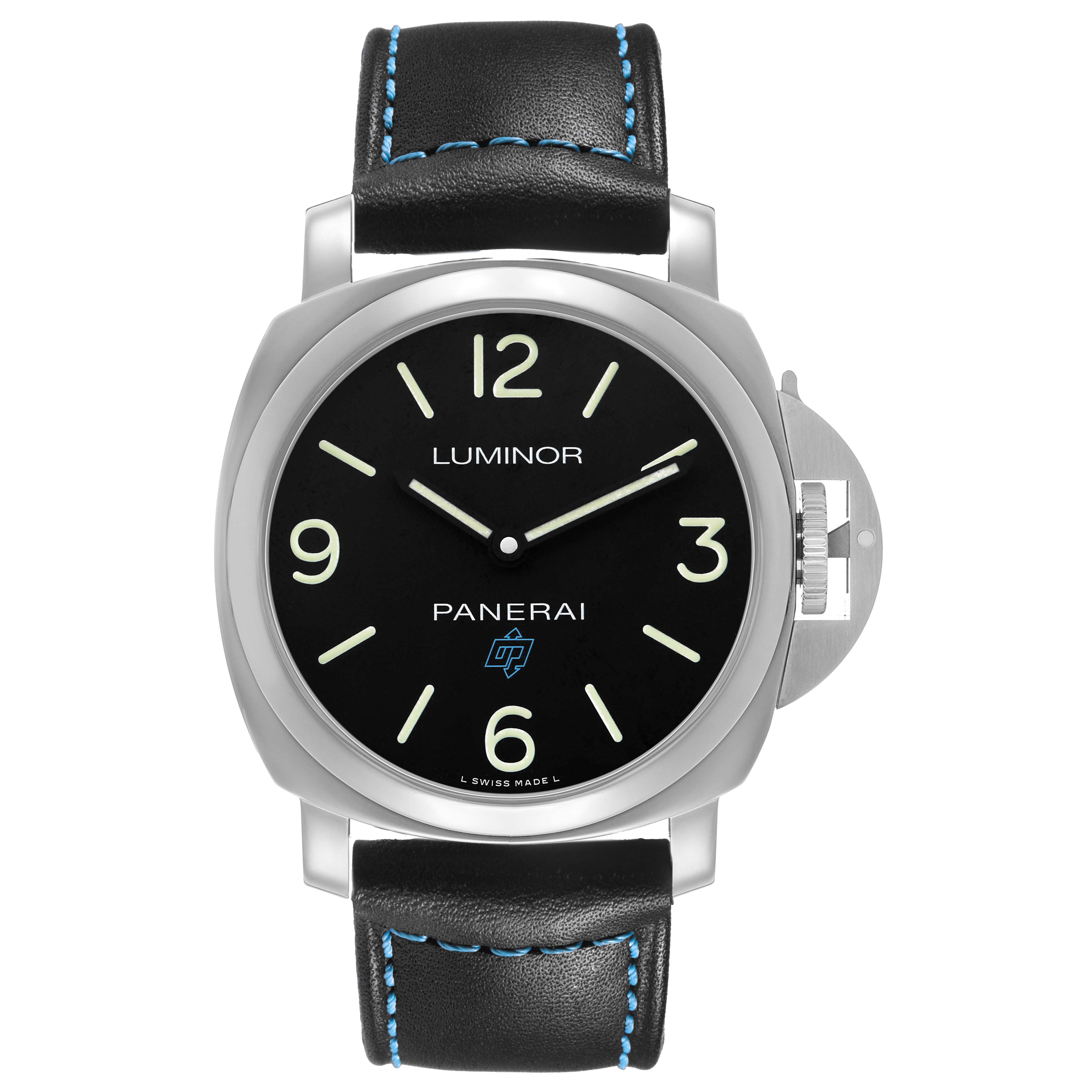 The Panerai Luminor PAM00774 Mens Stainless Steel Black Dial watch is shown from the front, highlighting the dial, case, and leather strap with blue stitching.