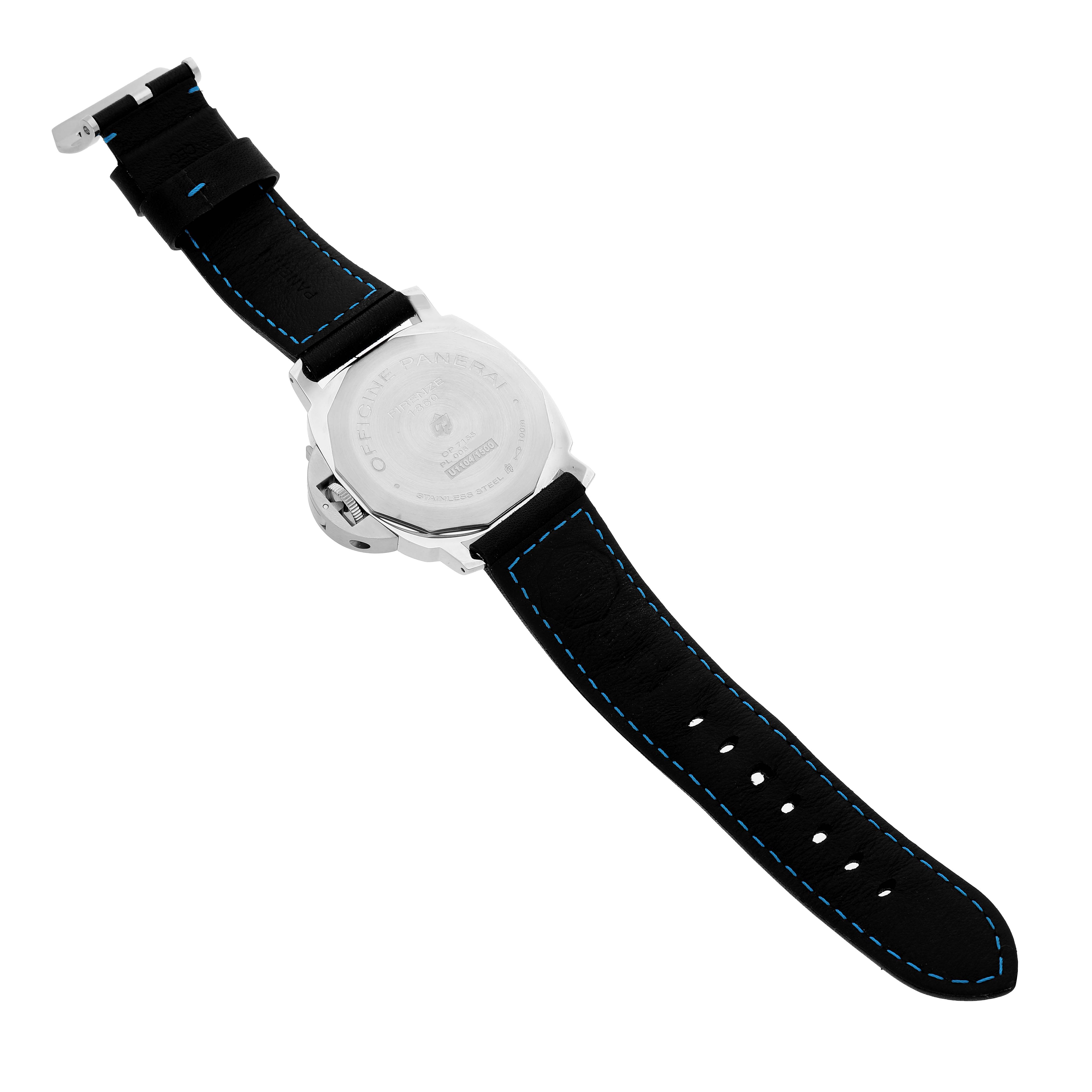 The image shows the back view of a Panerai Luminor PAM00774 Mens Stainless Steel Black Dial watch, highlighting the case back and leather strap with blue stitching.