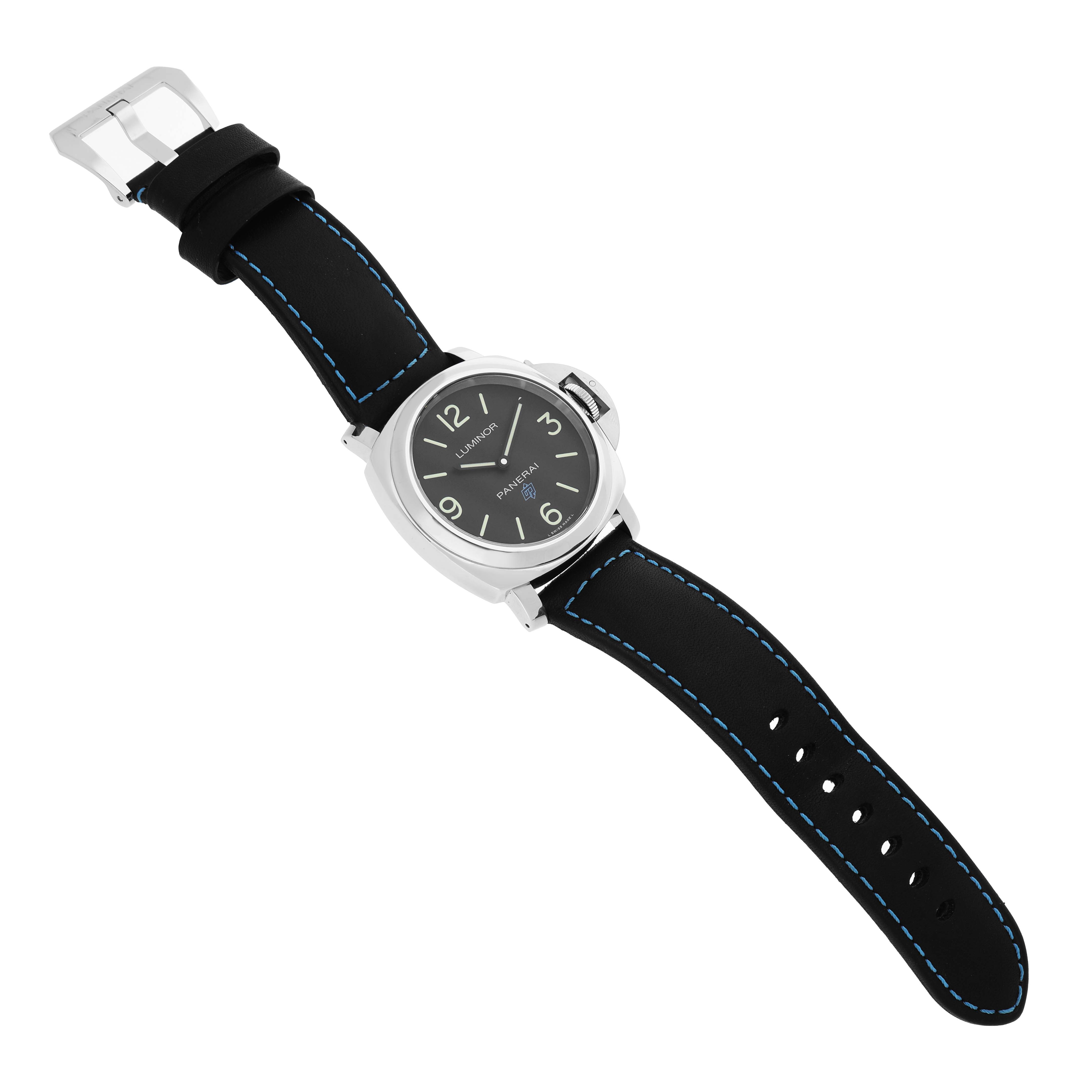 The Panerai Luminor PAM00774 Mens Stainless Steel Black Dial model is shown at an angled top view, displaying the black dial, case, strap, and buckle.