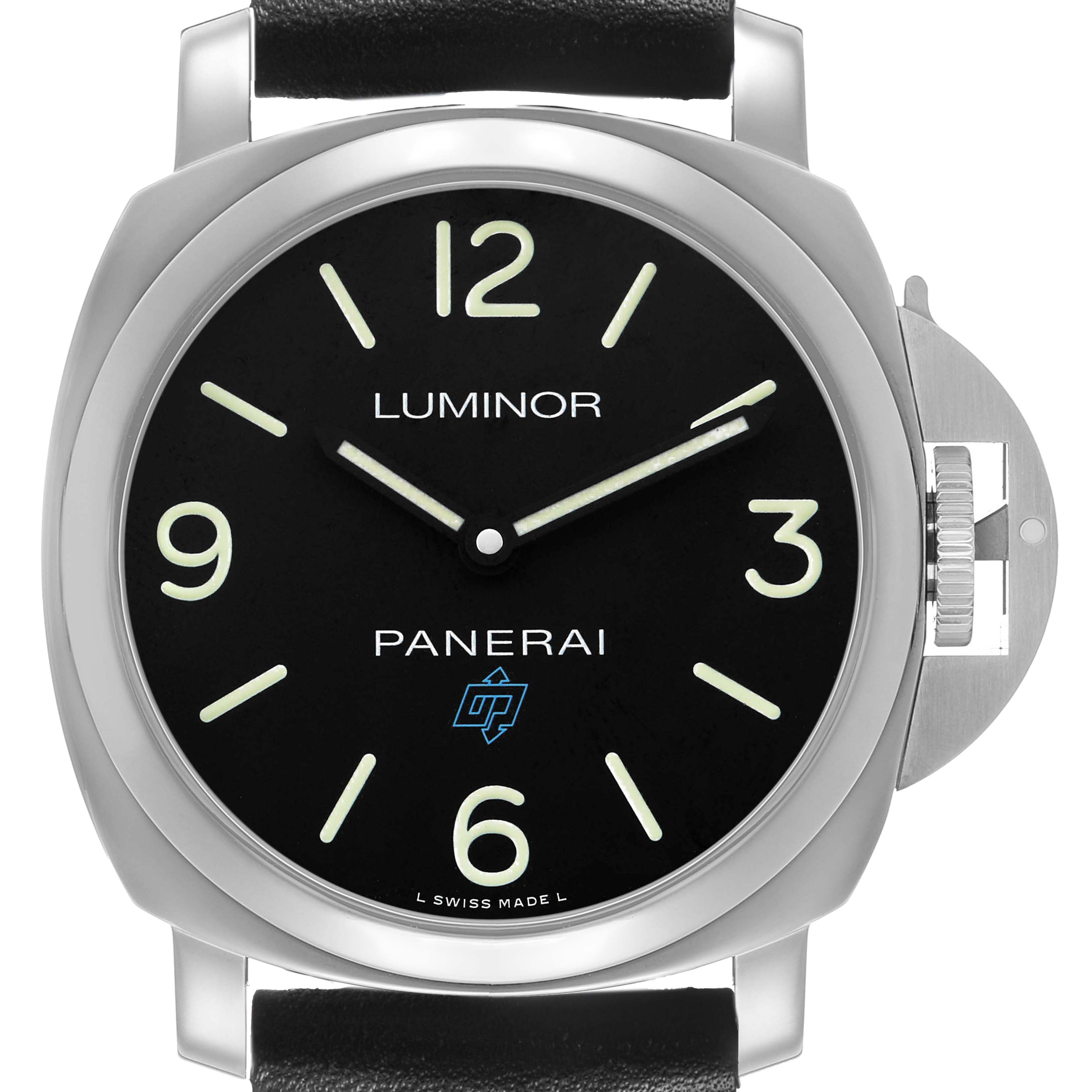 The Panerai Luminor PAM00774 Mens Stainless Steel Black Dial watch is shown from the front, highlighting its black dial, large numerals, and crown guard.