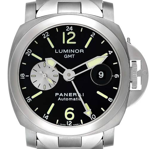 The Panerai Luminor PAM00161 Men's Titanium Black Dial watch is shown from the front, displaying the dial, bezel, crown guard, and part of the bracelet.