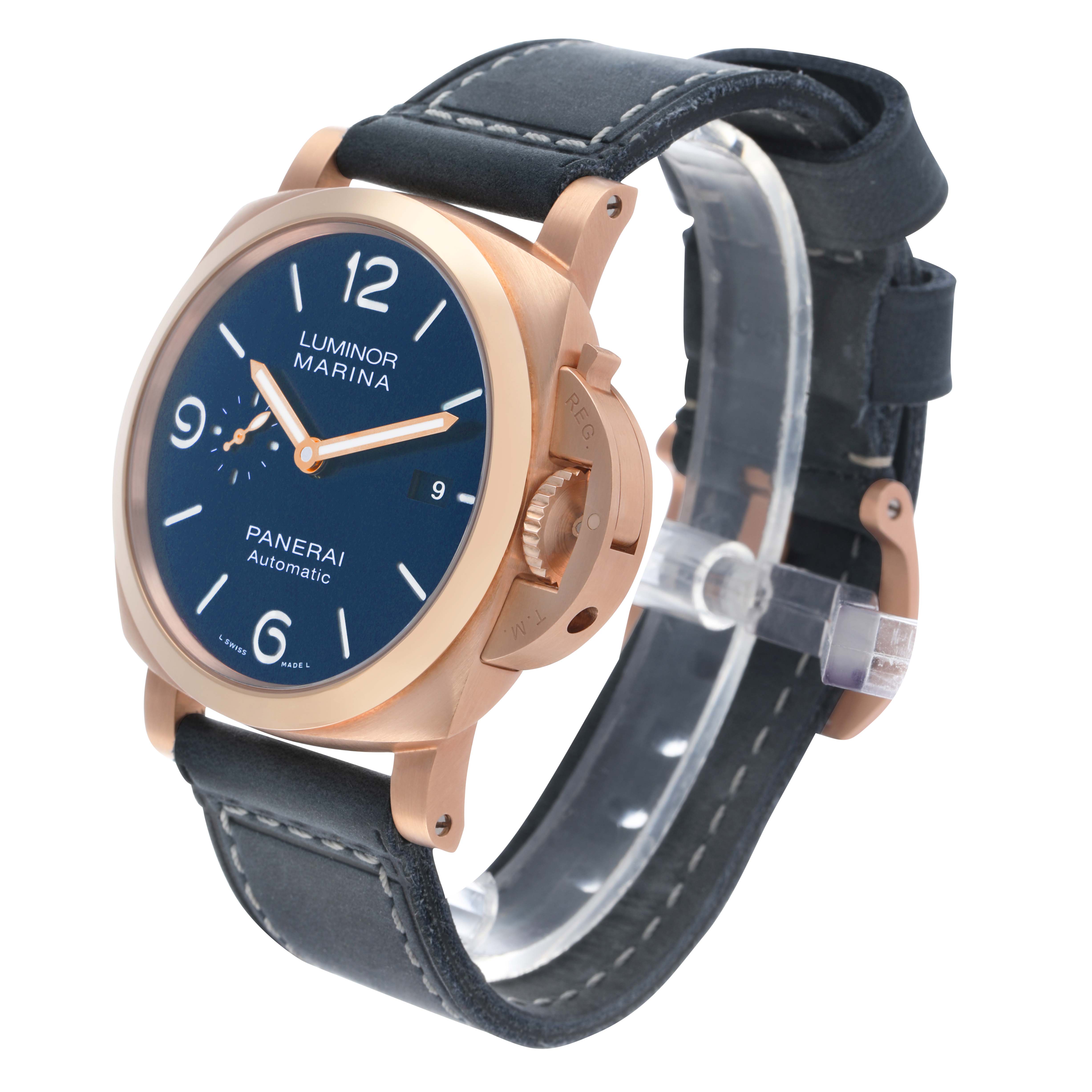 The Panerai Luminor PAM01112 Men's Rose Gold Blue Dial model is shown at a 3/4 frontal angle, displaying the face, crown, and strap.