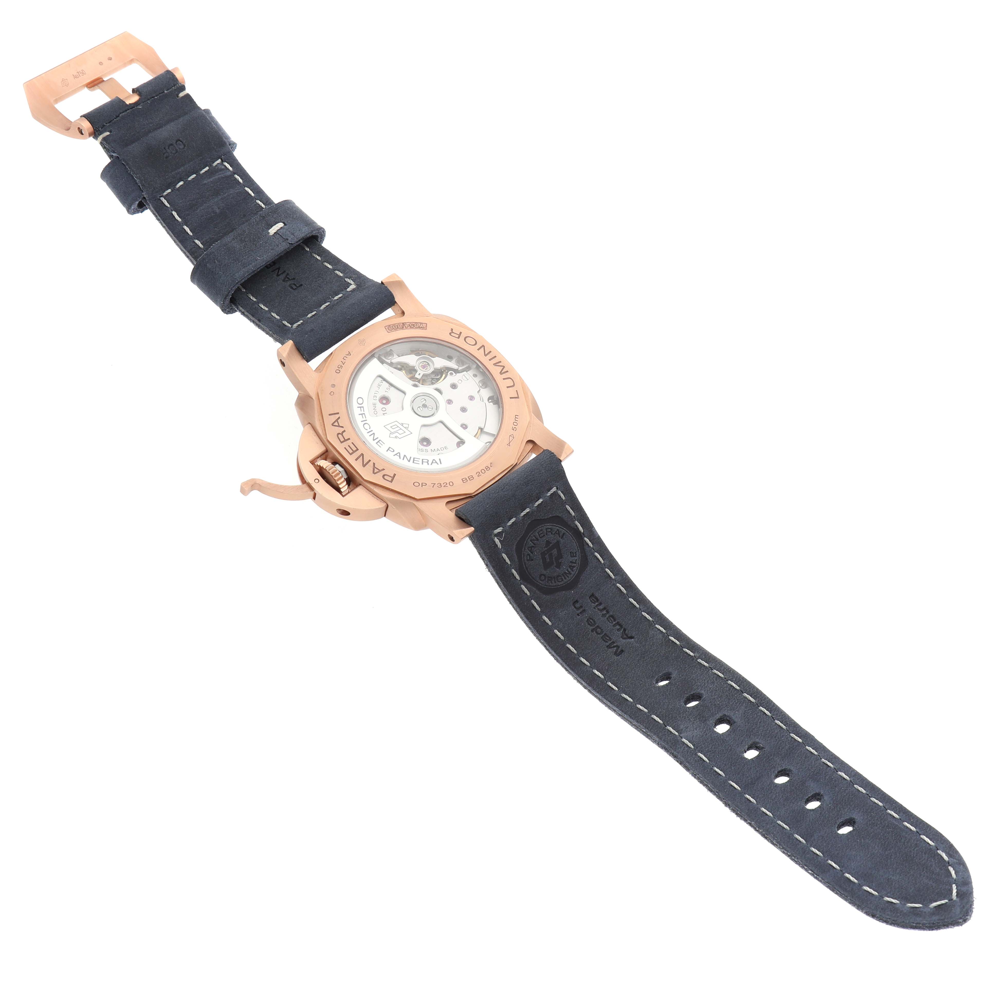 The Panerai Luminor PAM01112 Men's Rose Gold Blue Dial watch is shown from the back, highlighting the case and automatic movement with a dark strap.