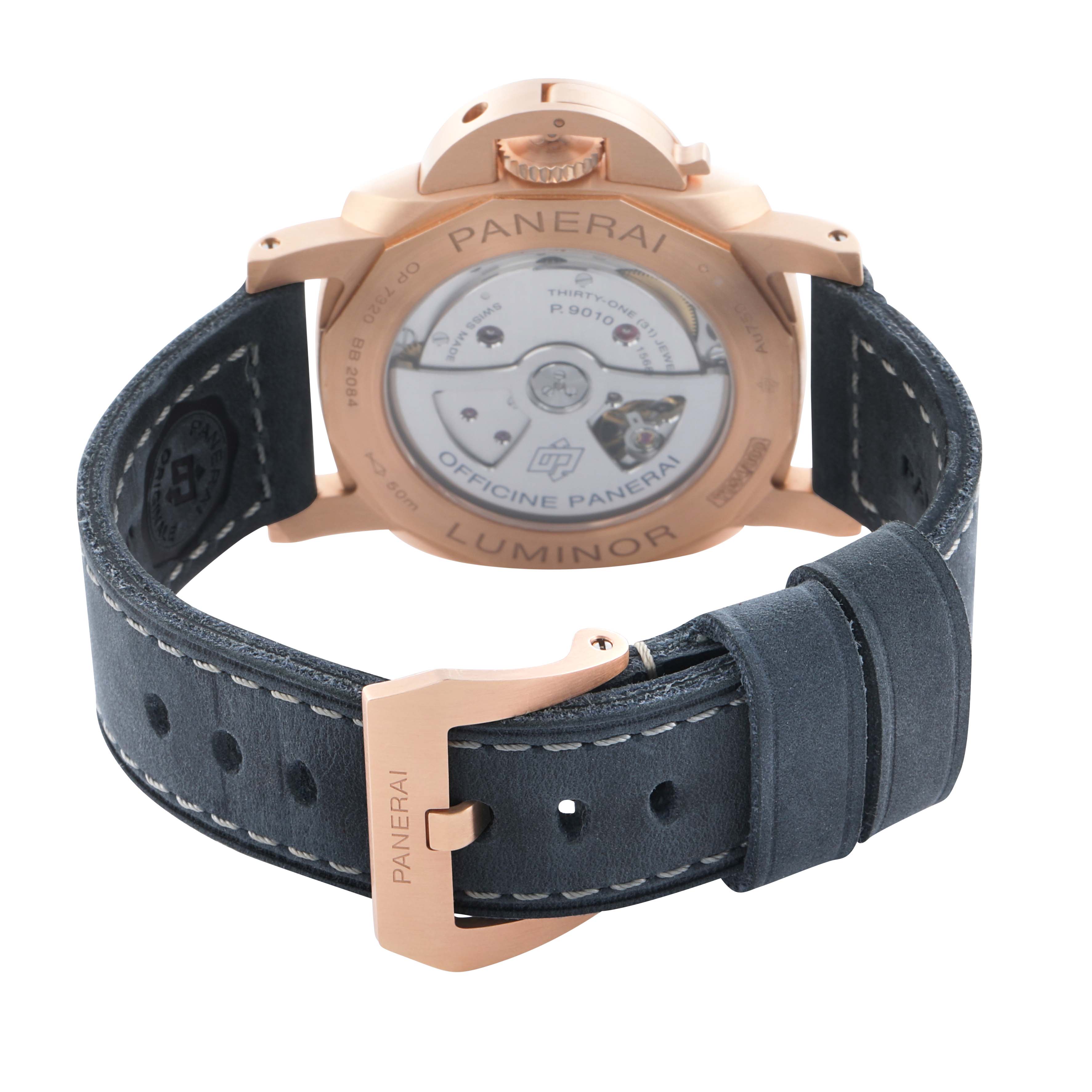 The image shows the backside and straps of a Panerai Luminor PAM01112 Men's Rose Gold Blue Dial watch, highlighting the open case back and leather buckle.