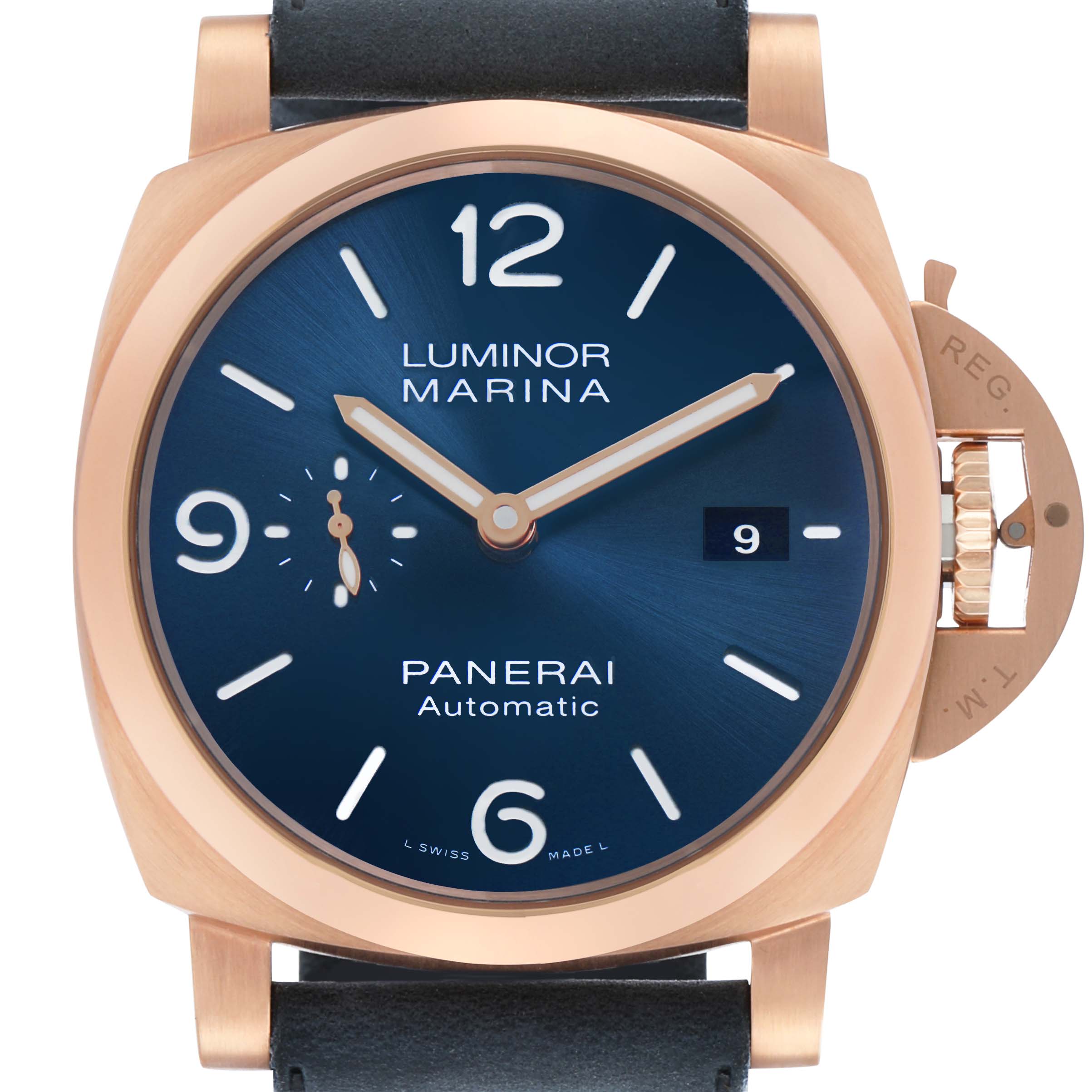 The image shows a Panerai Luminor PAM01112 Men's Rose Gold Blue Dial watch from a front angle, displaying the dial, hands, date window, and crown protector.