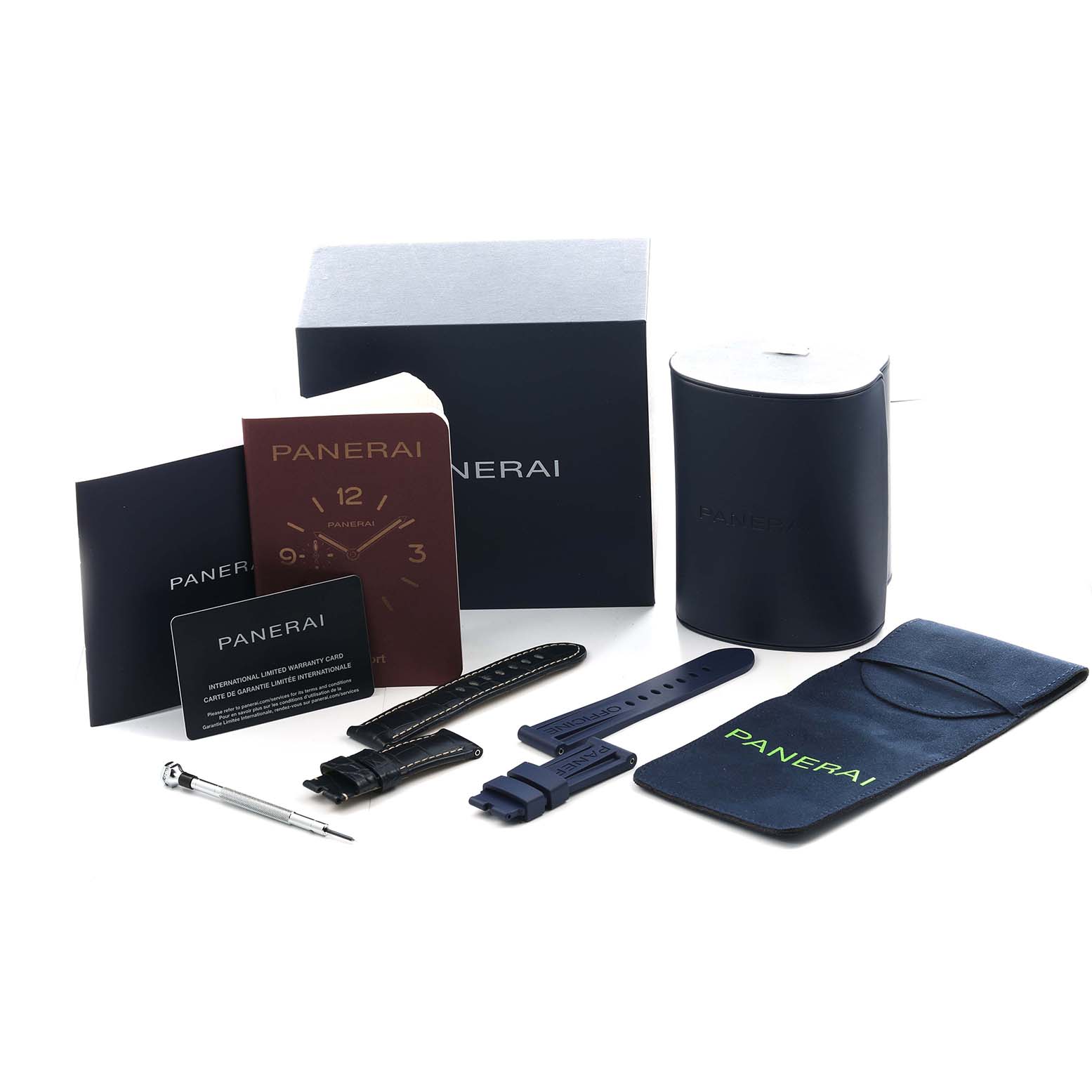 The image shows accessories for a Panerai Luminor PAM01112 Men's Rose Gold Blue Dial watch, including straps, a case, a tool, and documentation, all from a front angle.