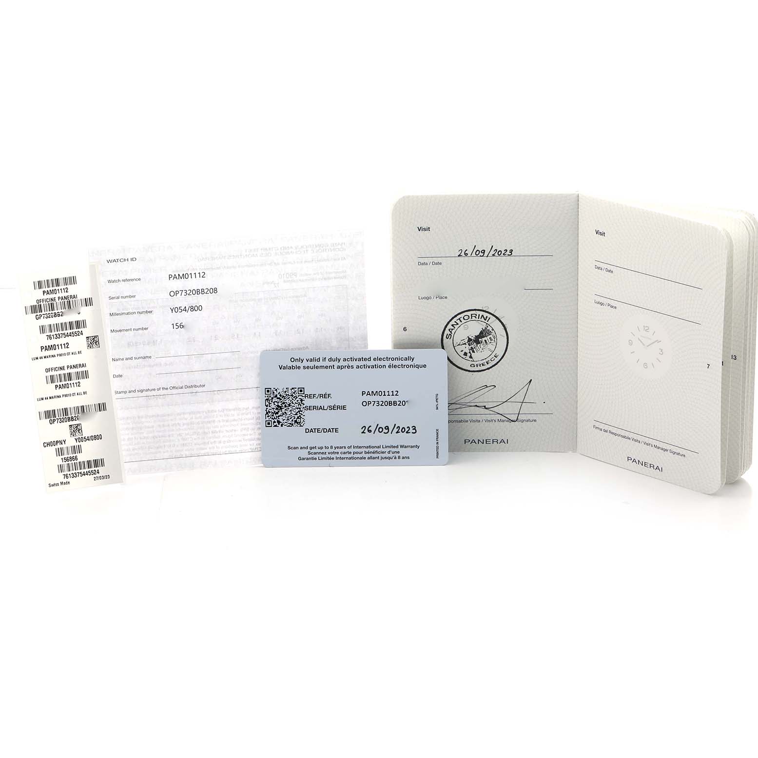 This image shows the documentation and warranty paperwork for a Panerai Luminor PAM01112 Men's Rose Gold Blue Dial model watch.