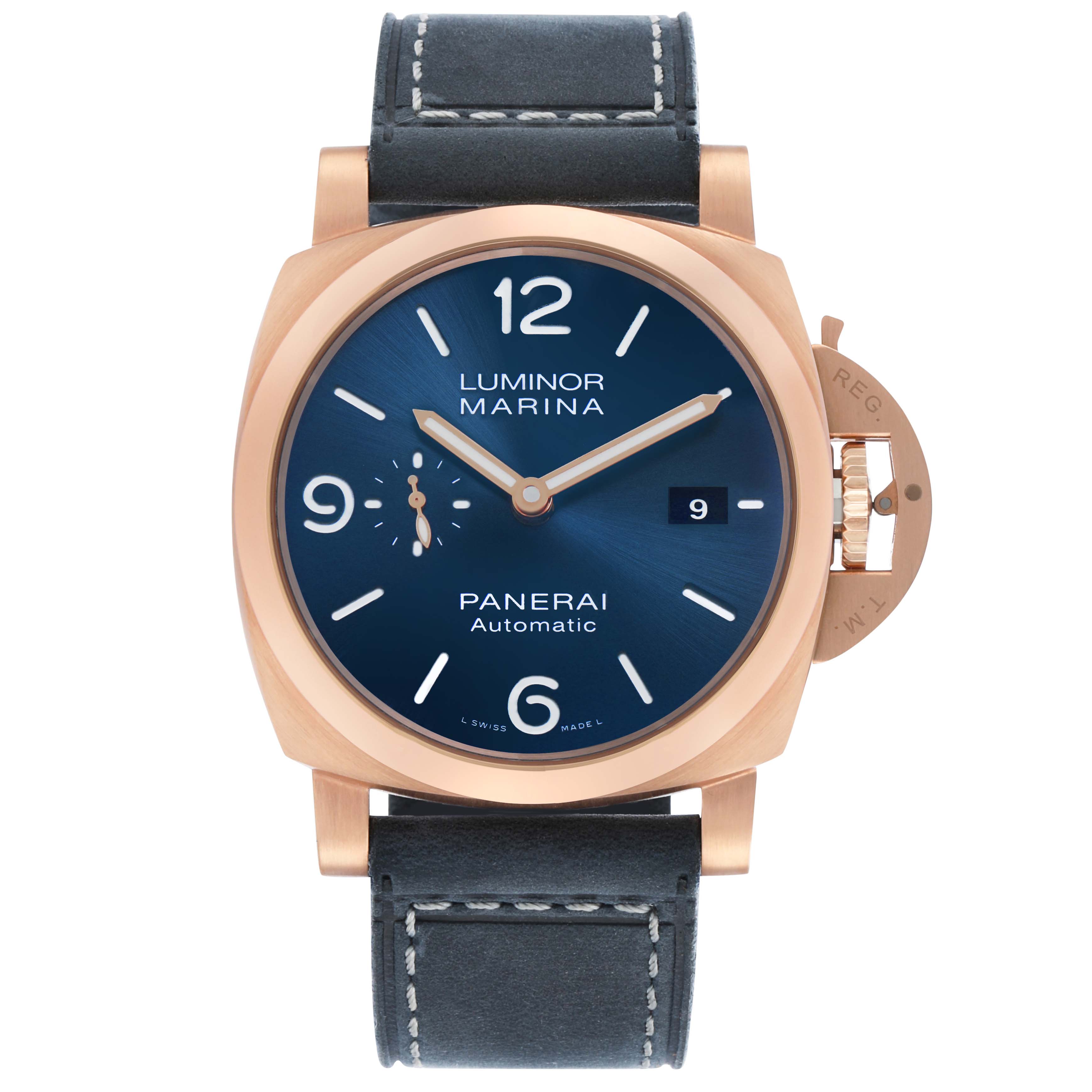 The Panerai Luminor PAM01112 Men's Rose Gold Blue Dial watch is shown from a front angle, displaying its face, crown guard, and strap.