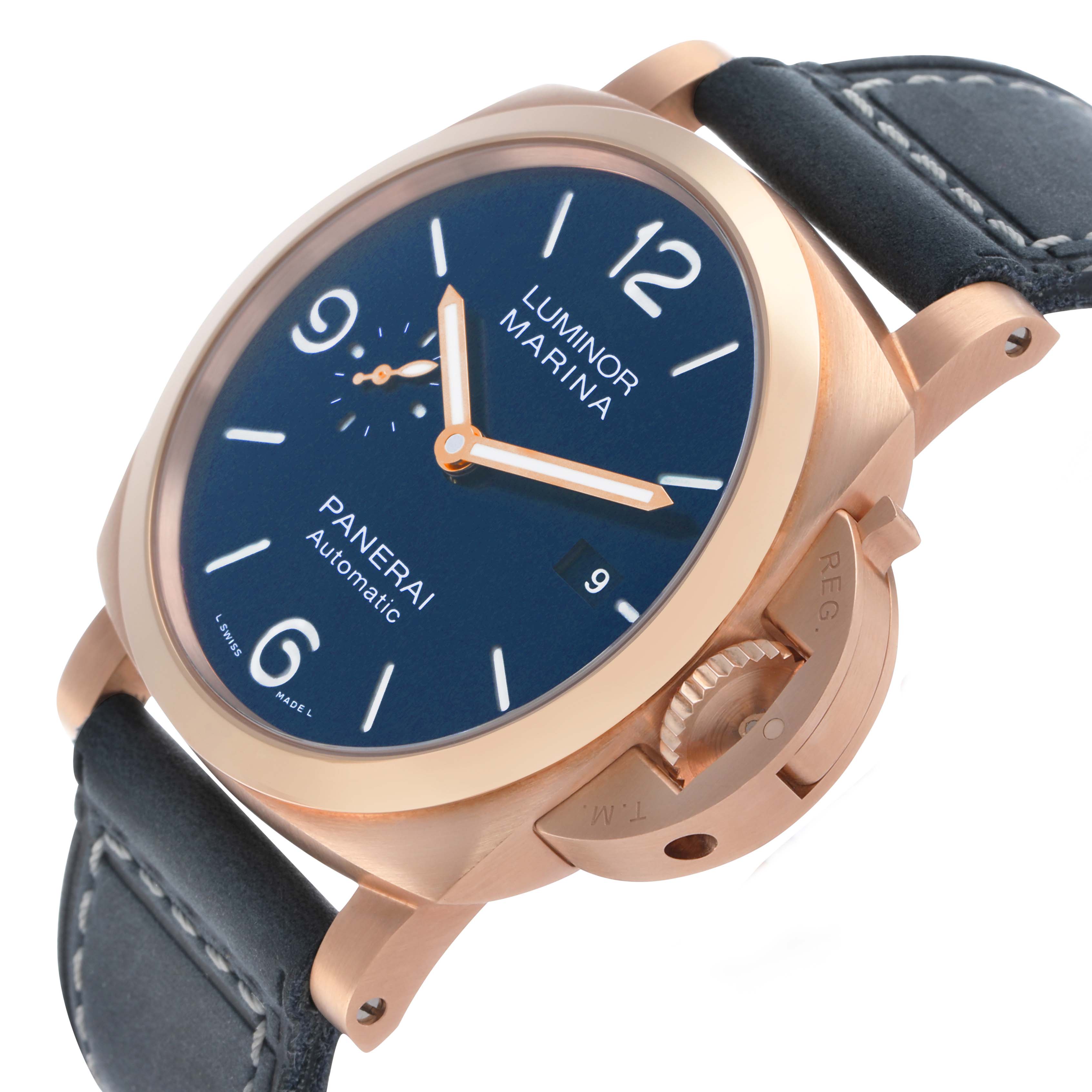 The Panerai Luminor PAM01112 Men's Rose Gold Blue Dial watch is shown at an angle highlighting its rose gold case, crown guard, blue dial, and black strap.