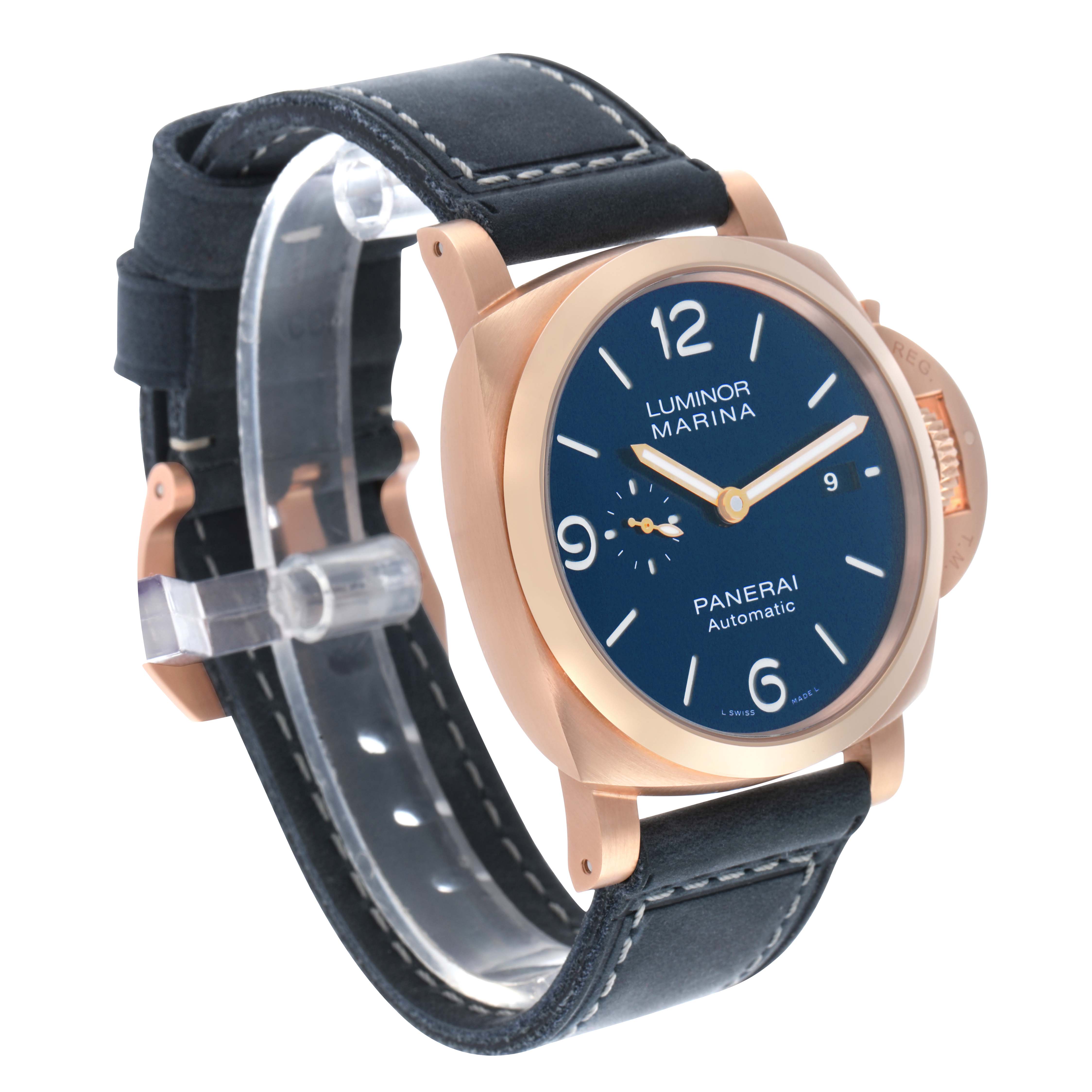 The Panerai Luminor PAM01112 Men's Rose Gold Blue Dial watch is shown at a three-quarter angle, highlighting the face, crown guard, and leather strap.