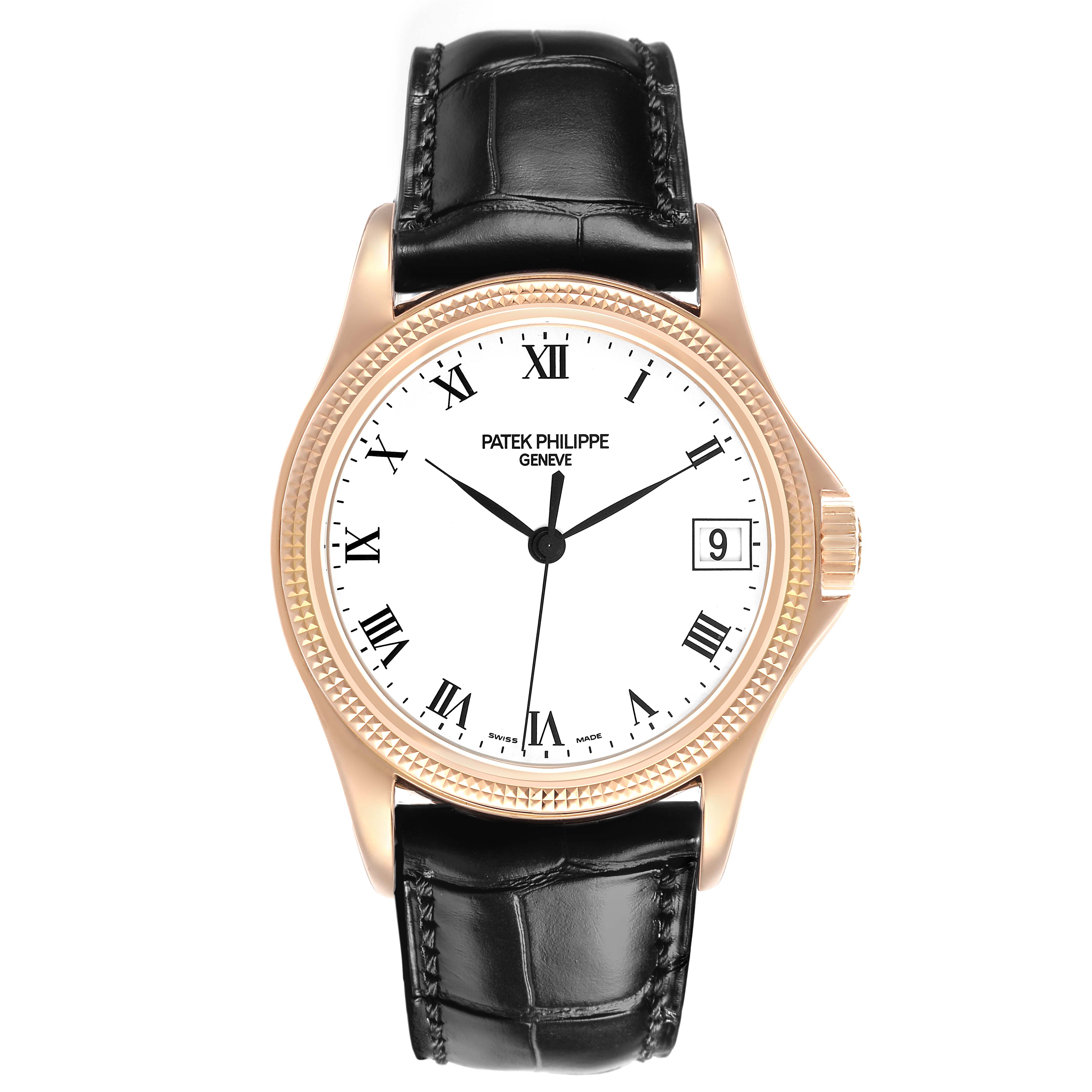 The Patek Philippe Calatrava 5117R-001 Mens Rose Gold White Dial watch is shown from a top-down angle, highlighting the face, bezel, and black leather strap.