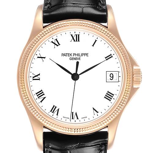 The Patek Philippe Calatrava 5117R-001 Men's Rose Gold White Dial watch is shown from a front angle, highlighting its dial, hands, and date window.